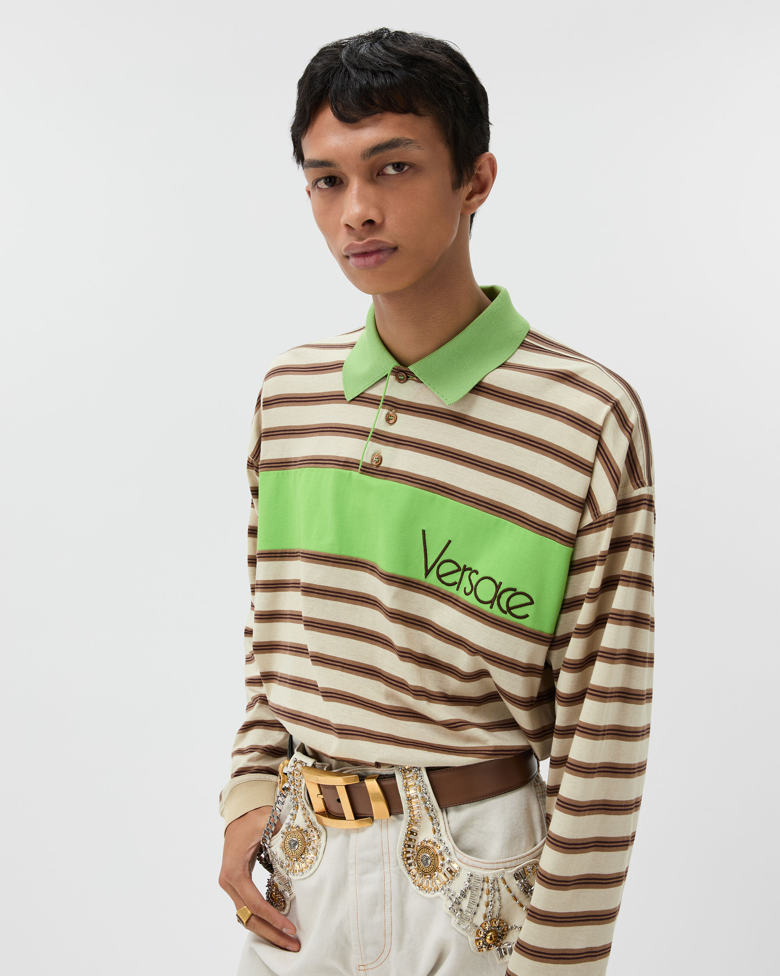 Embroidered Logo Striped Intarsia Cotton Polo Green,Brown | VERSACE US