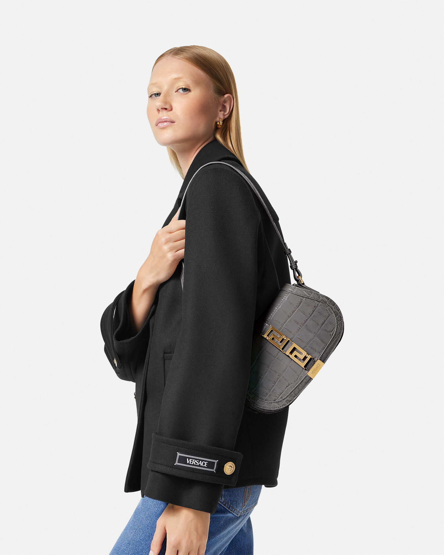 Croc-Effect Greca Goddess Shoulder Bag
