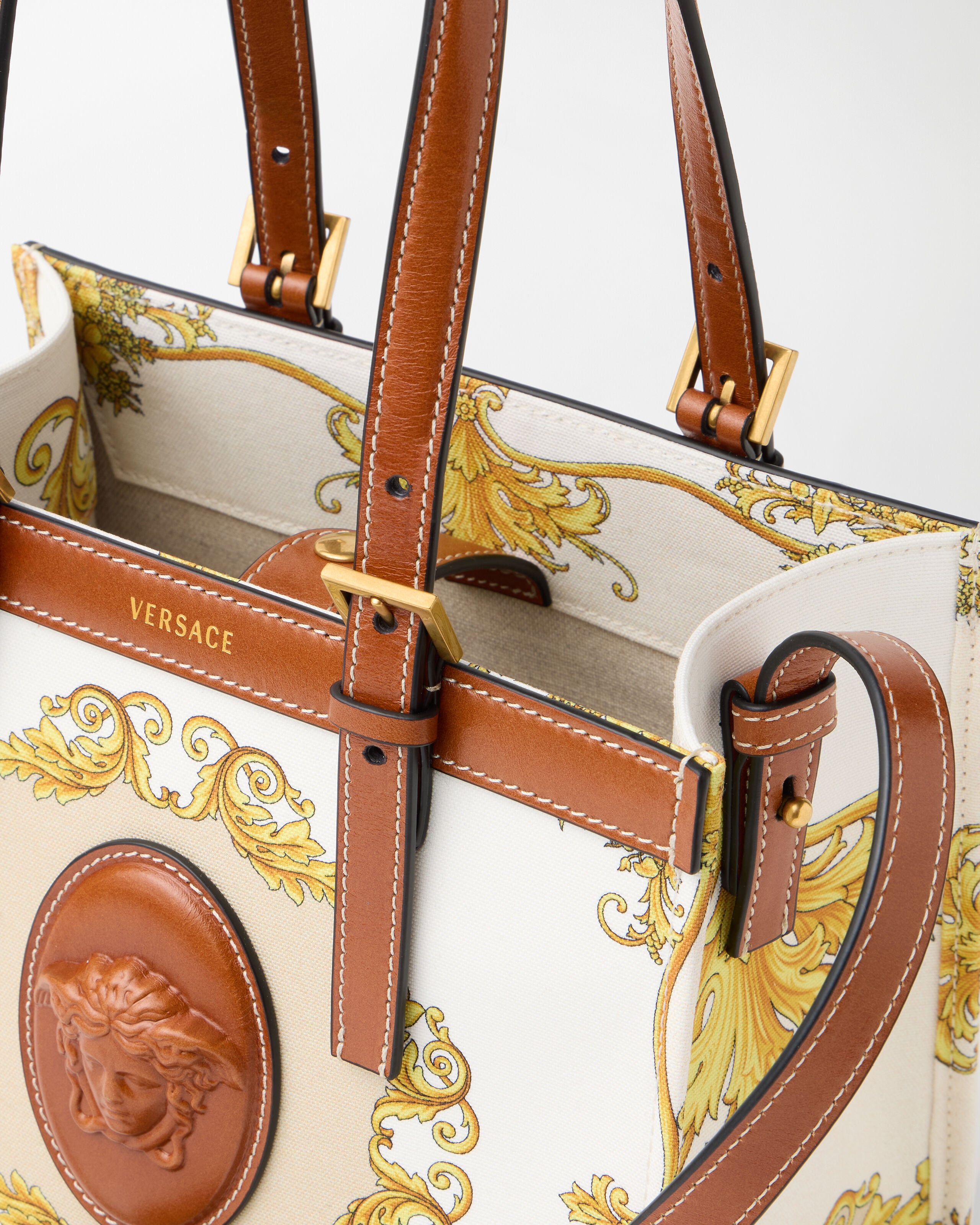 Rivière Printed Mini Canvas Tote White,Gold | VERSACE US