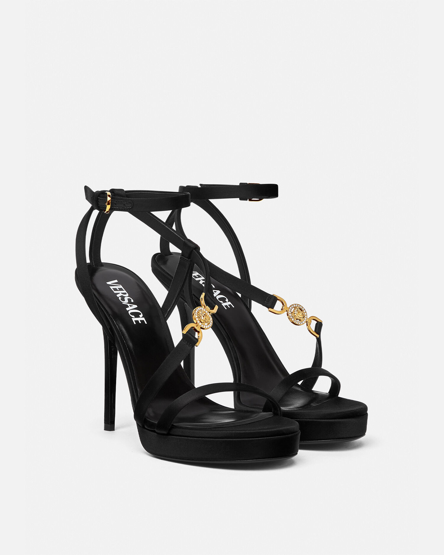 Medusa '95 Embellished Satin Sandals 115 mm Black,Gold | VERSACE US