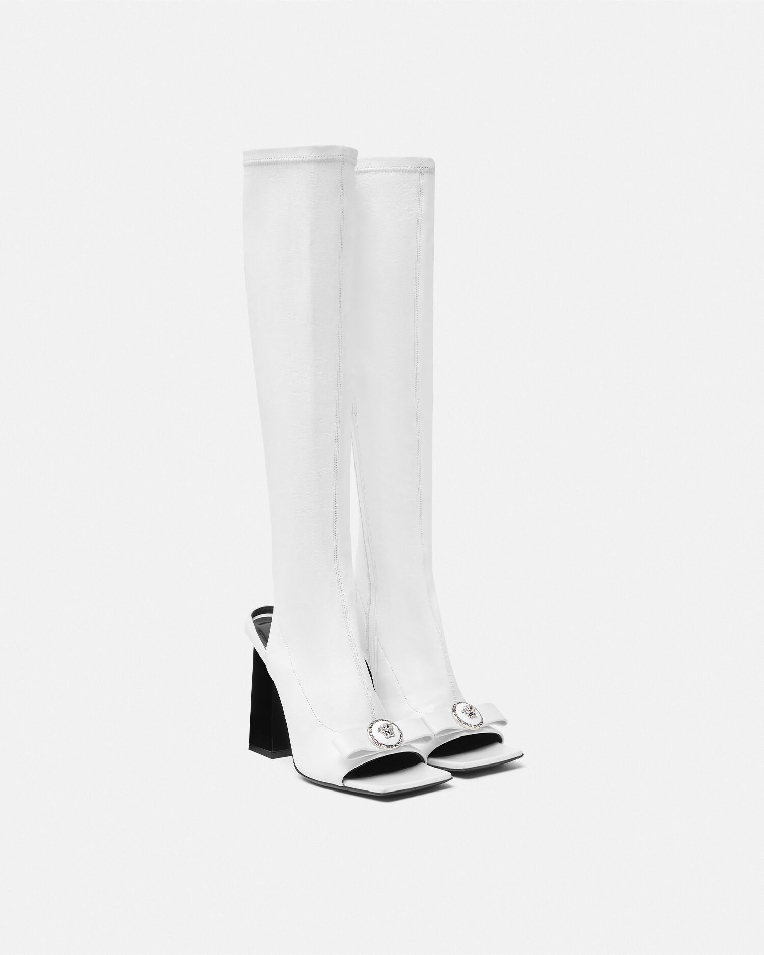 Gianni Ribbon Open Knee High Boots White Versace US