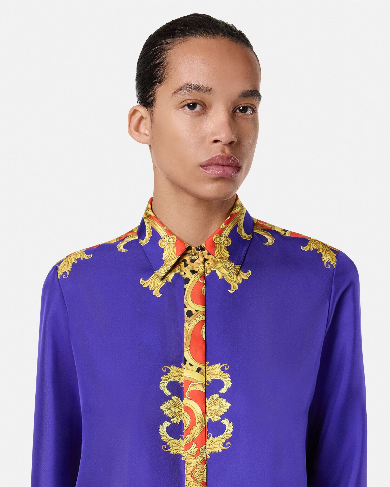 Cheetah Barocco Silk Shirt Purple,Print | VERSACE US