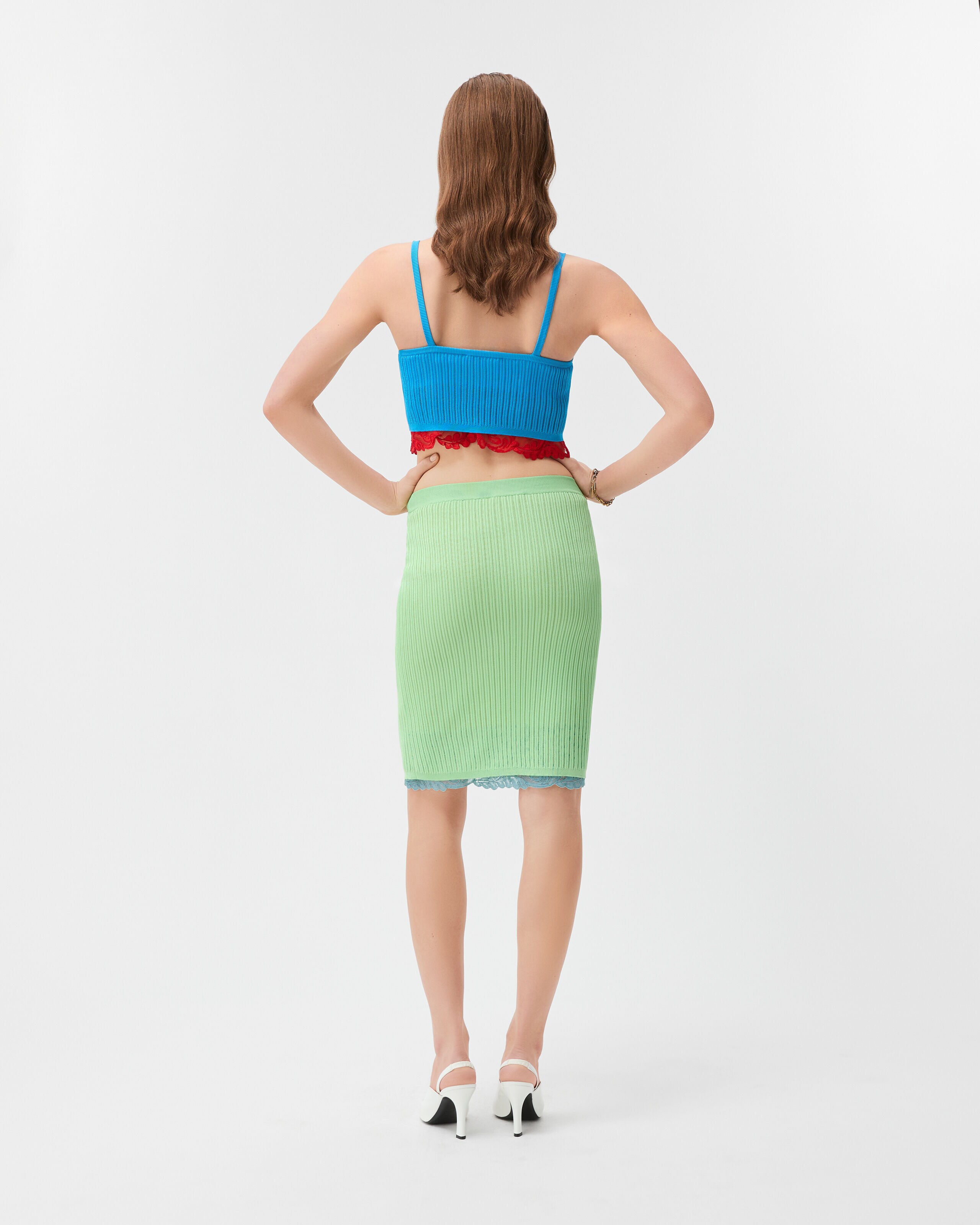 Lace-Trim Viscose-Blend Ribbed Knit Midi Skirt Green | VERSACE US