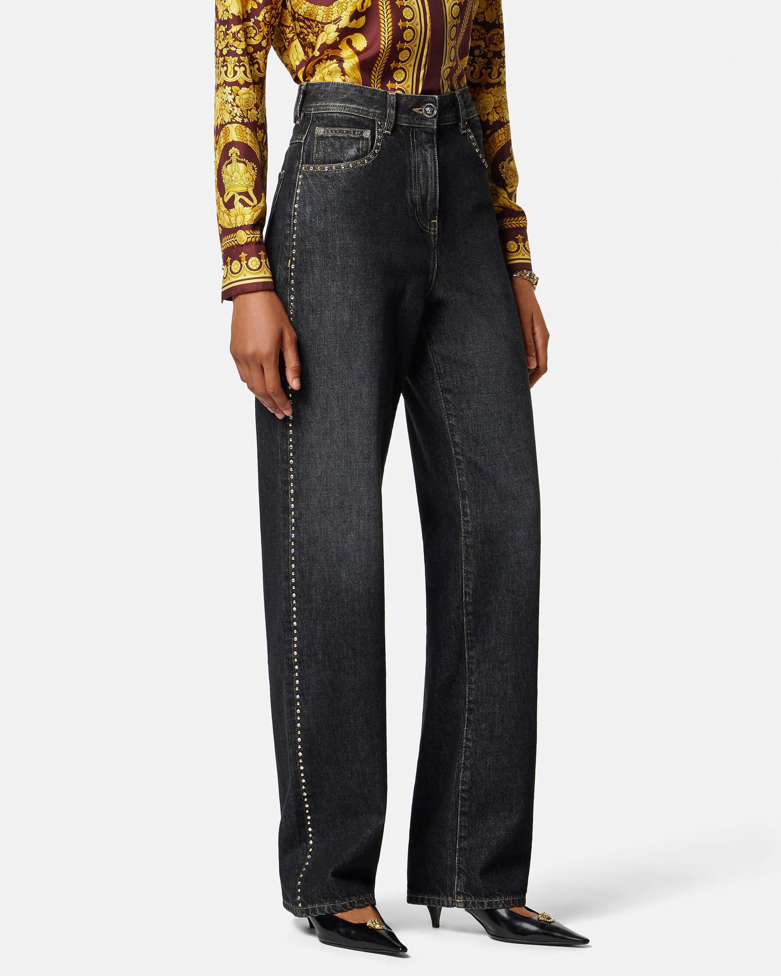 Embellished High-Waist Regular Jeans Black | VERSACE US