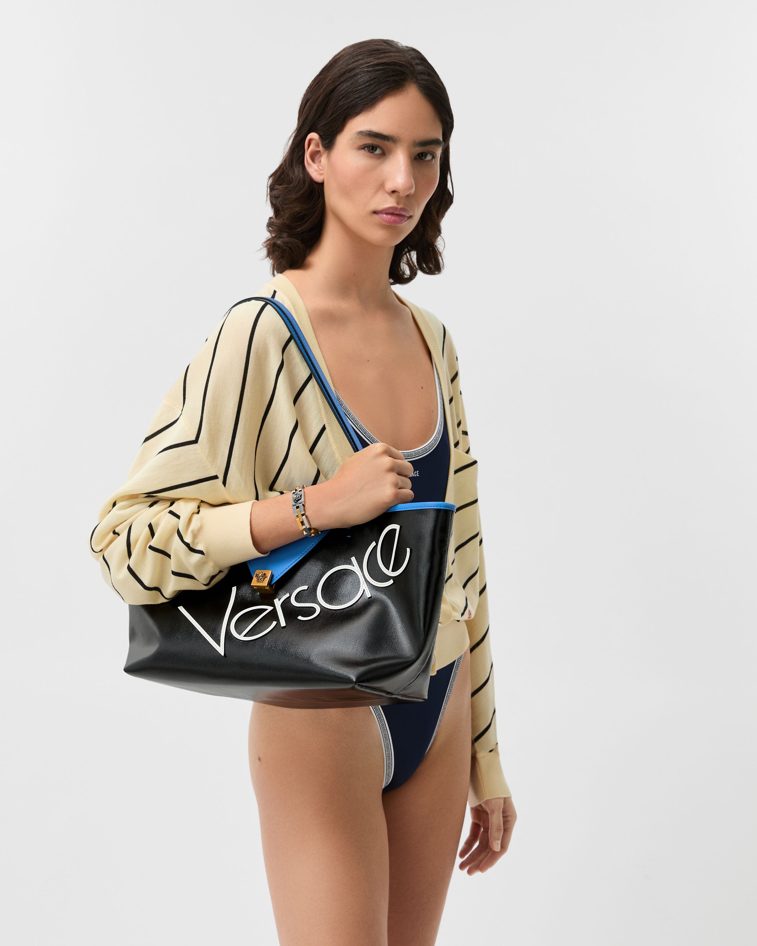 Severine Small Coated Canvas Tote Blue,Black | VERSACE