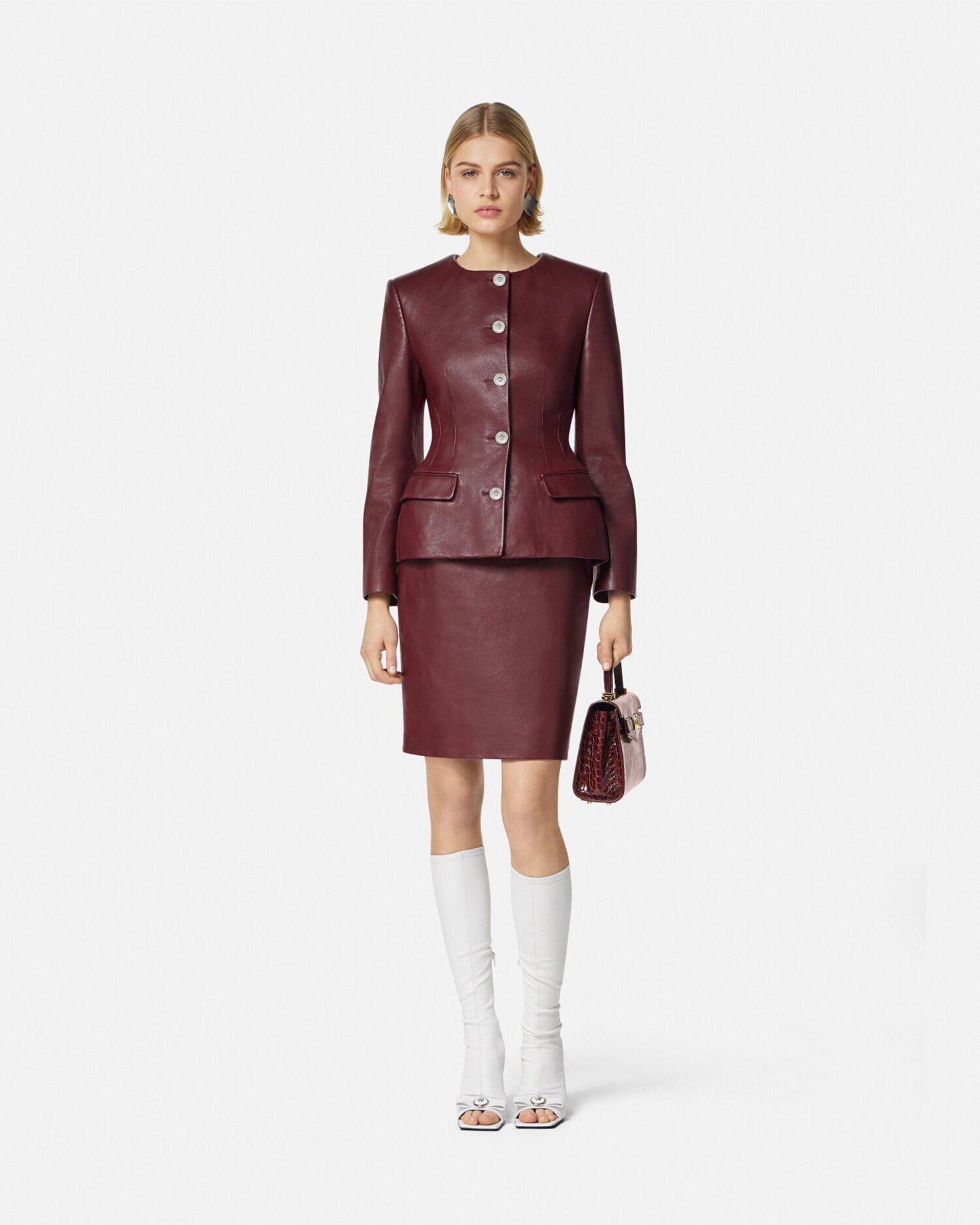 Leather Hourglass Jacket Burgundy | VERSACE US Leather Hourglass Jacket Burgundy | VERSACE US