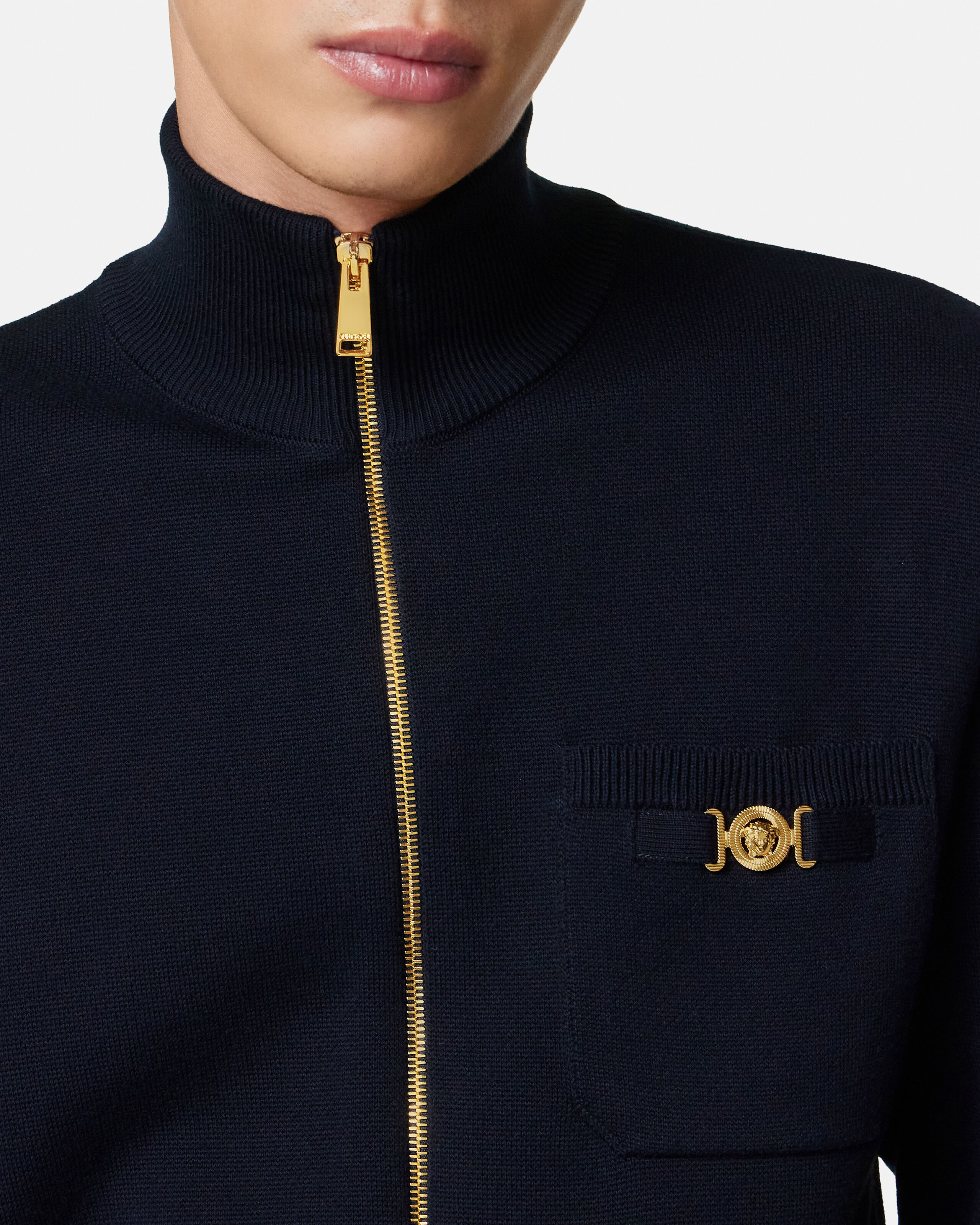 Cashmere-Cotton Knit Zip Sweater Blue | VERSACE US