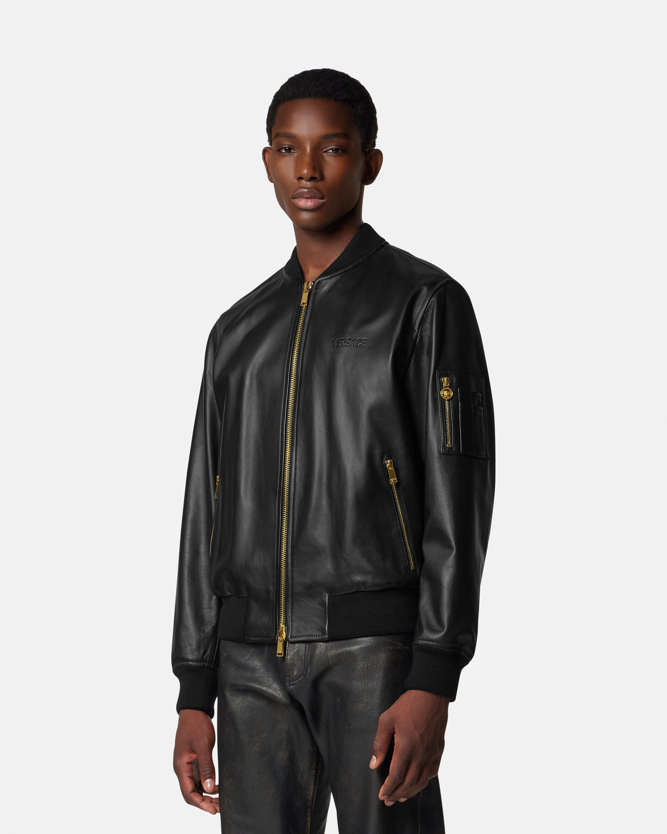 Versace ベルサーチ 黒 レザー ボンバージャケット Leather Bomber Black | VERSACE