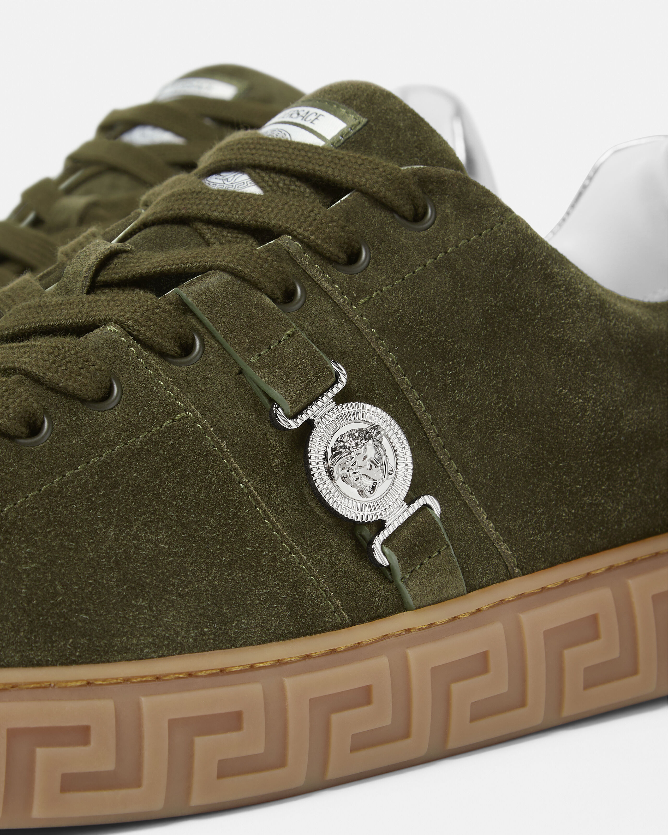 Greca Embellished Suede Sneakers Green,Silver | VERSACE US
