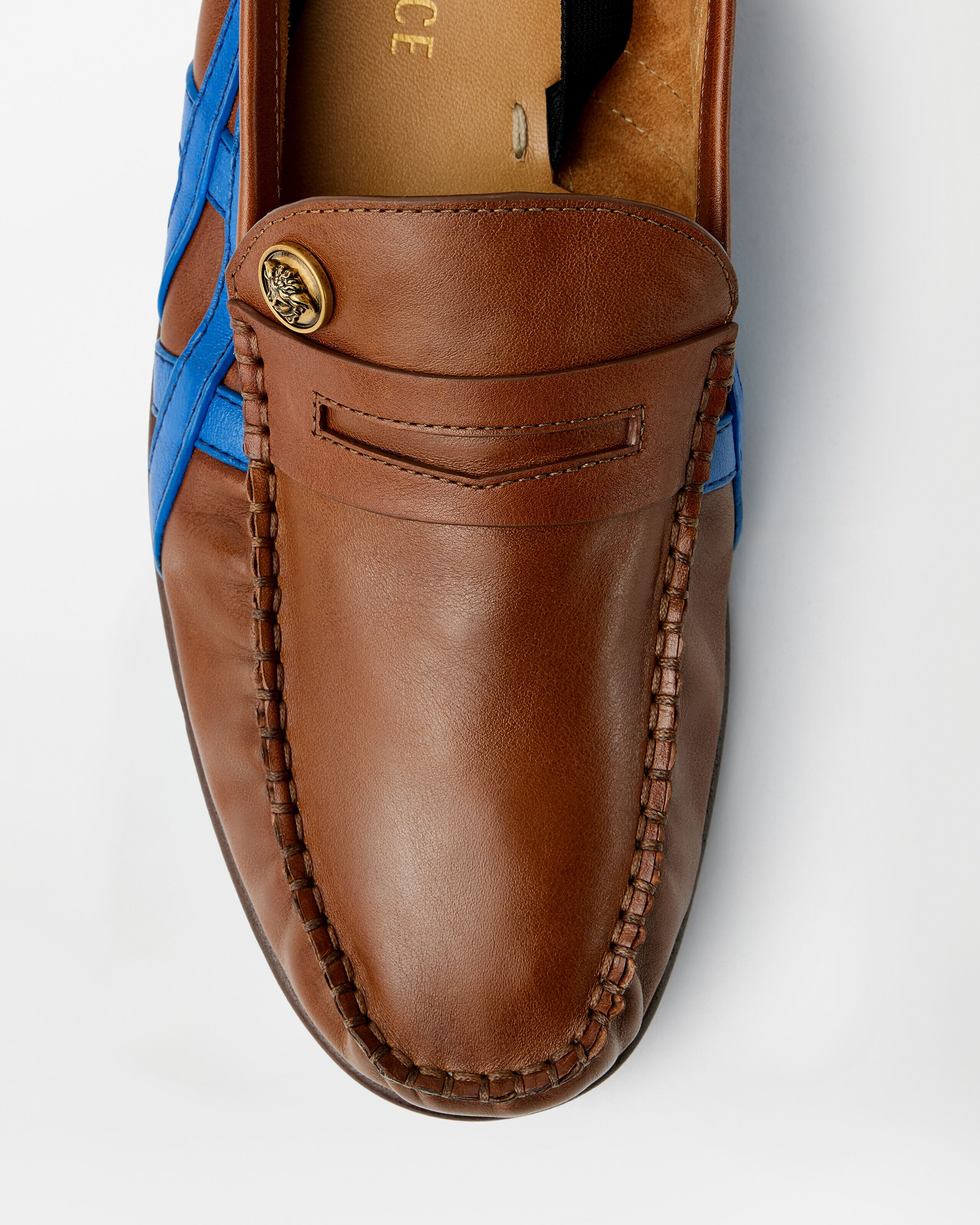 Sakura Leather Loafers Brown,Blue | VERSACE US