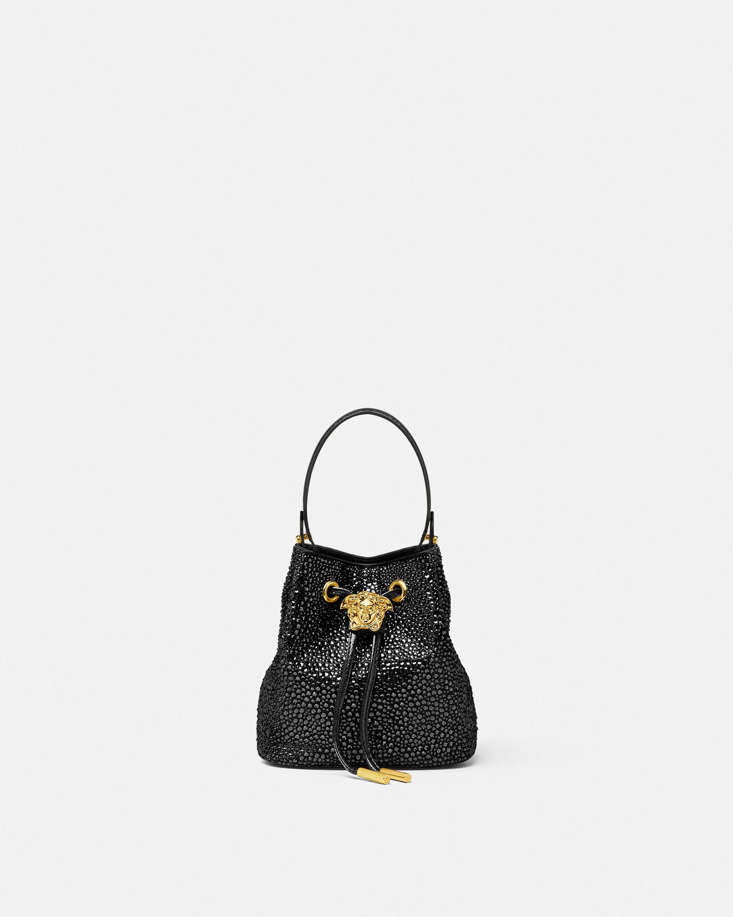 La Medusa Embellished Satin Mini Bucket Bag Black,Gold | VERSACE US