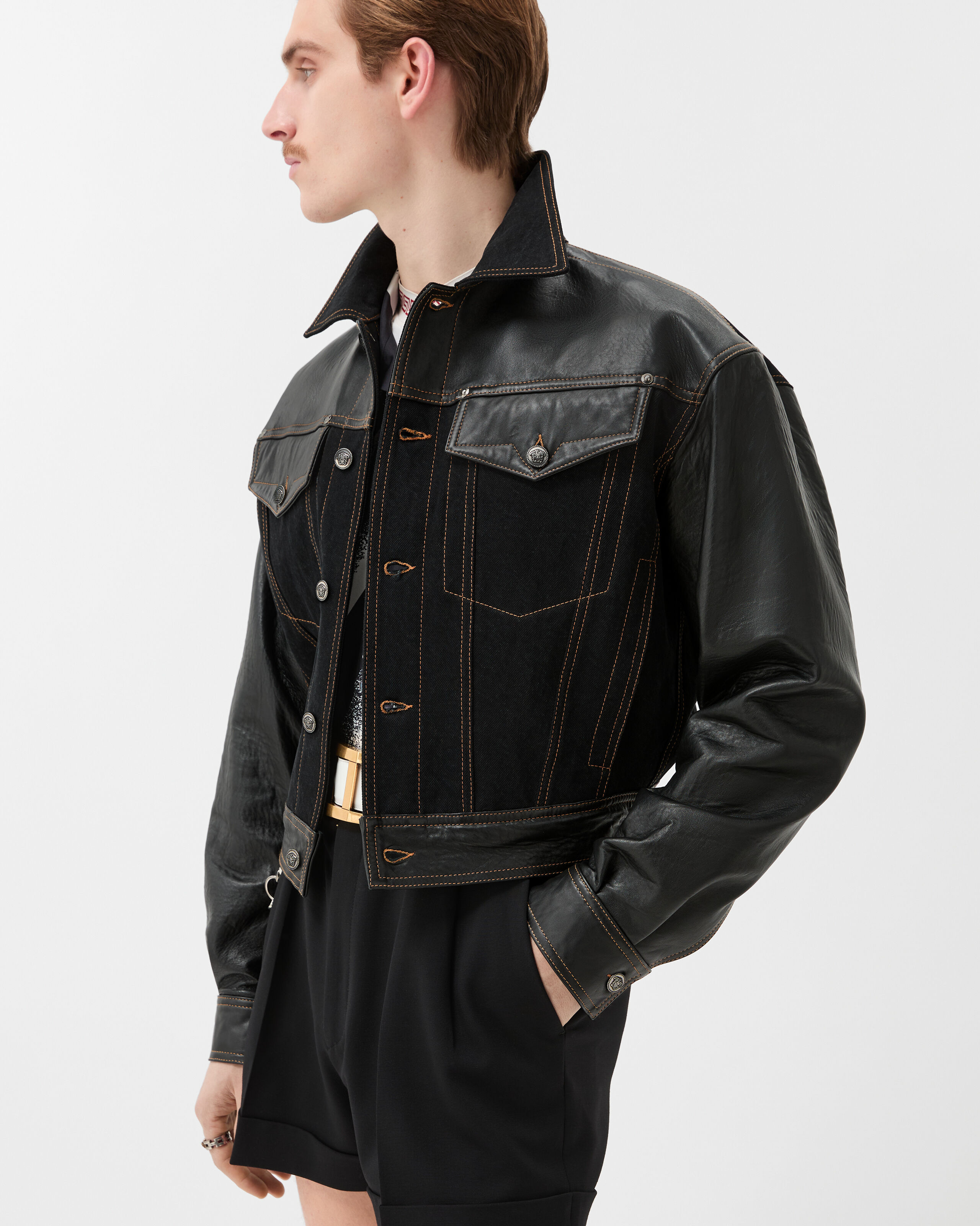 Denim & Leather Blouson Black | VERSACE US