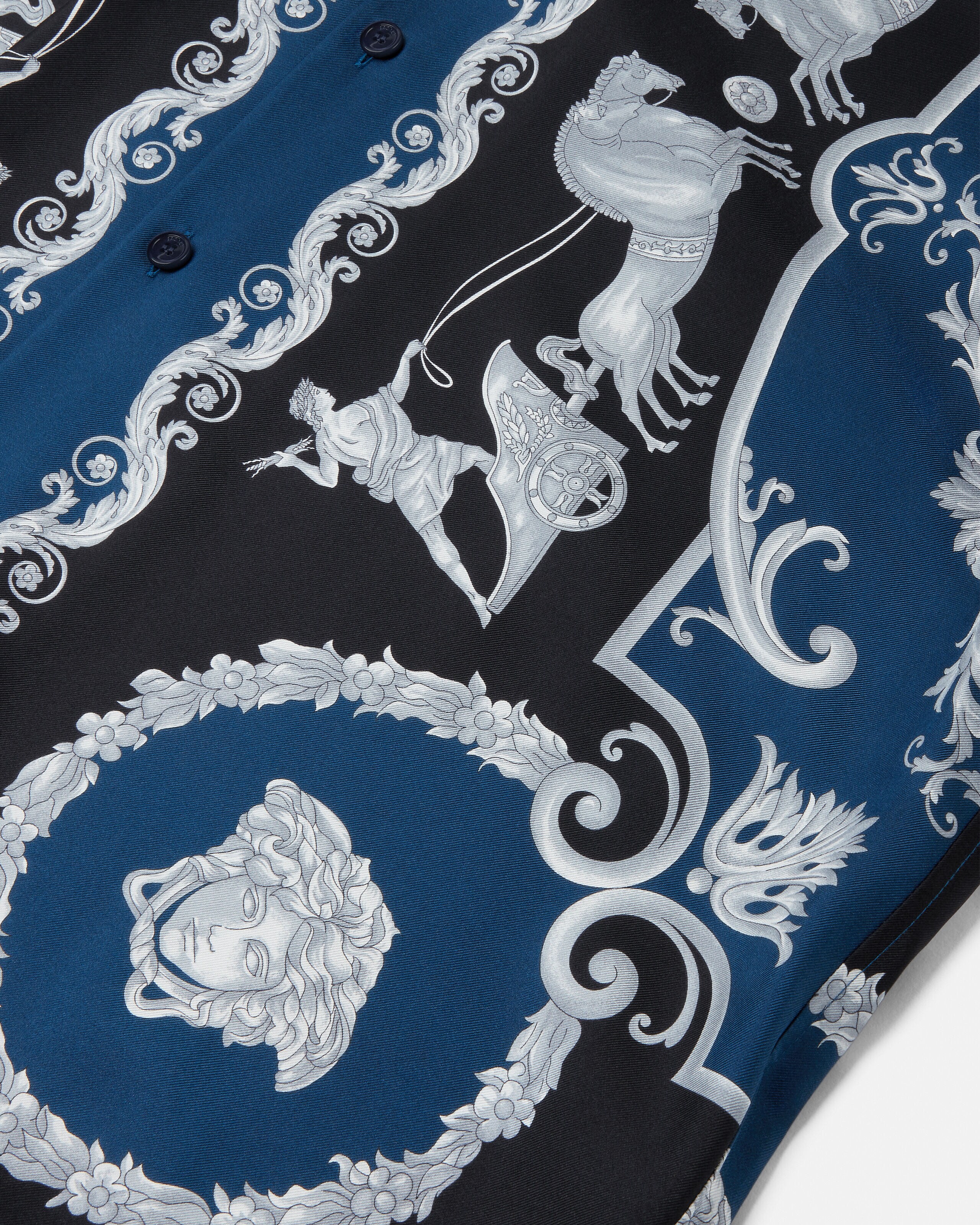 Printed Silk Twill Regular Shirt Black,Blue | VERSACE US