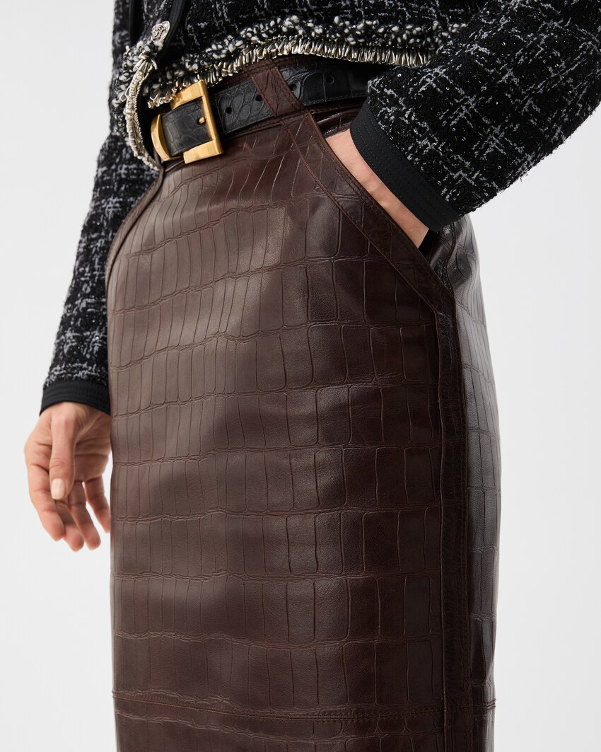  Croc-Effect Nappa Midi Skirt Brown 4