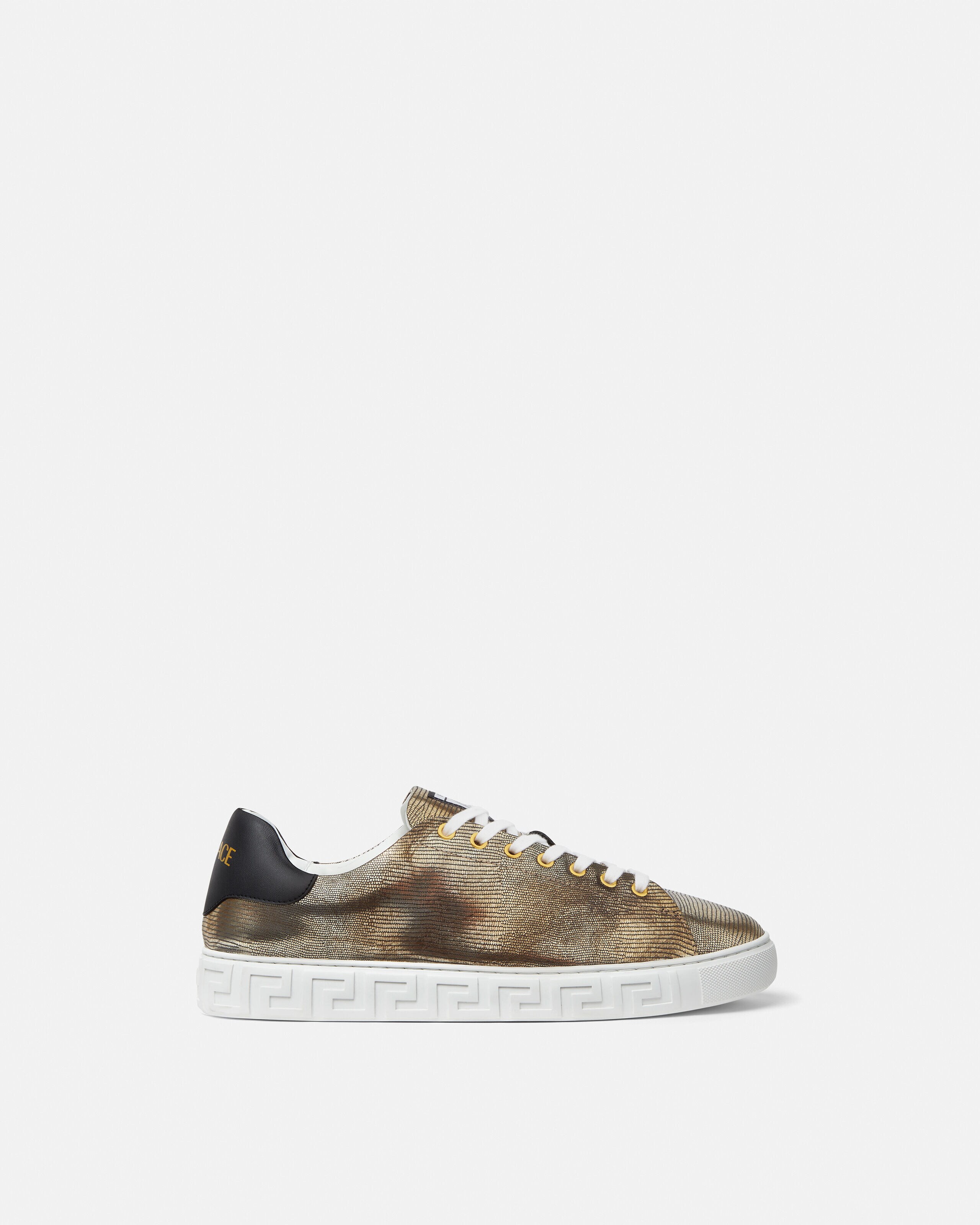 Greca Lizard-Effect Sneakers Gold | VERSACE US