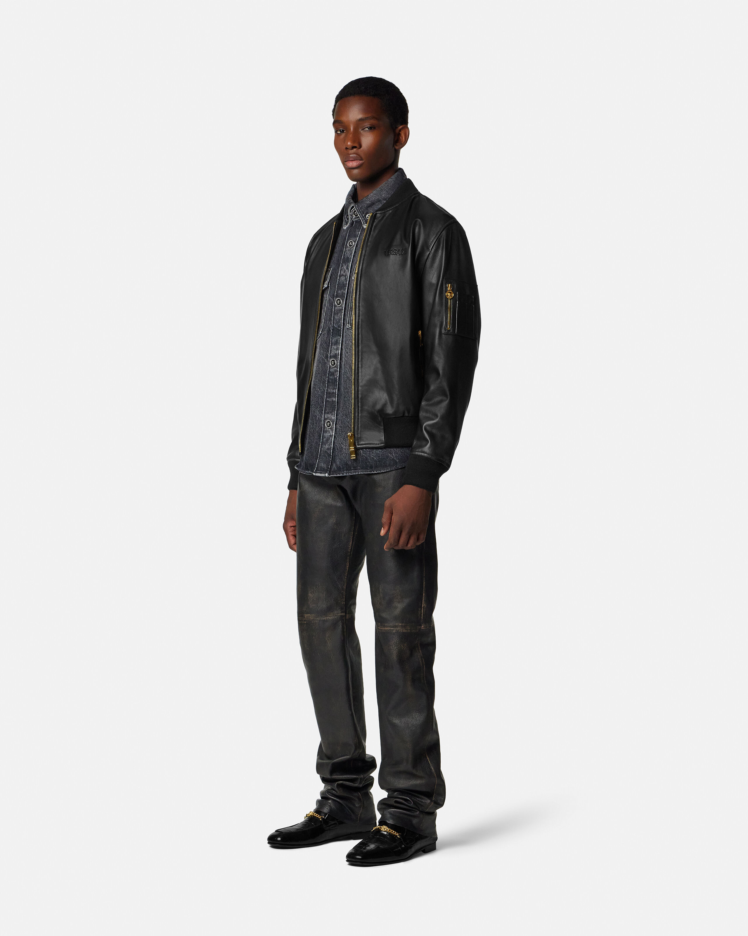 Versace ベルサーチ 黒 レザー ボンバージャケット Leather Bomber Black | VERSACE