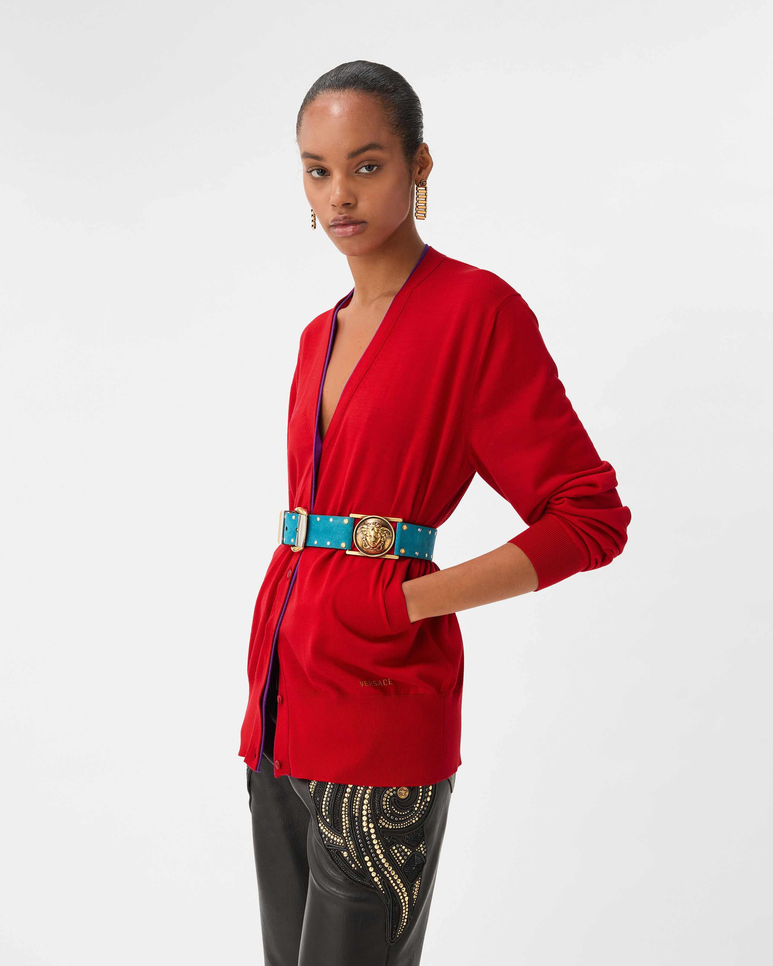 ♥️VERSACE ♥️　セーター　カーディガン Embroidered Wool Knit Cardigan Red | VERSACE