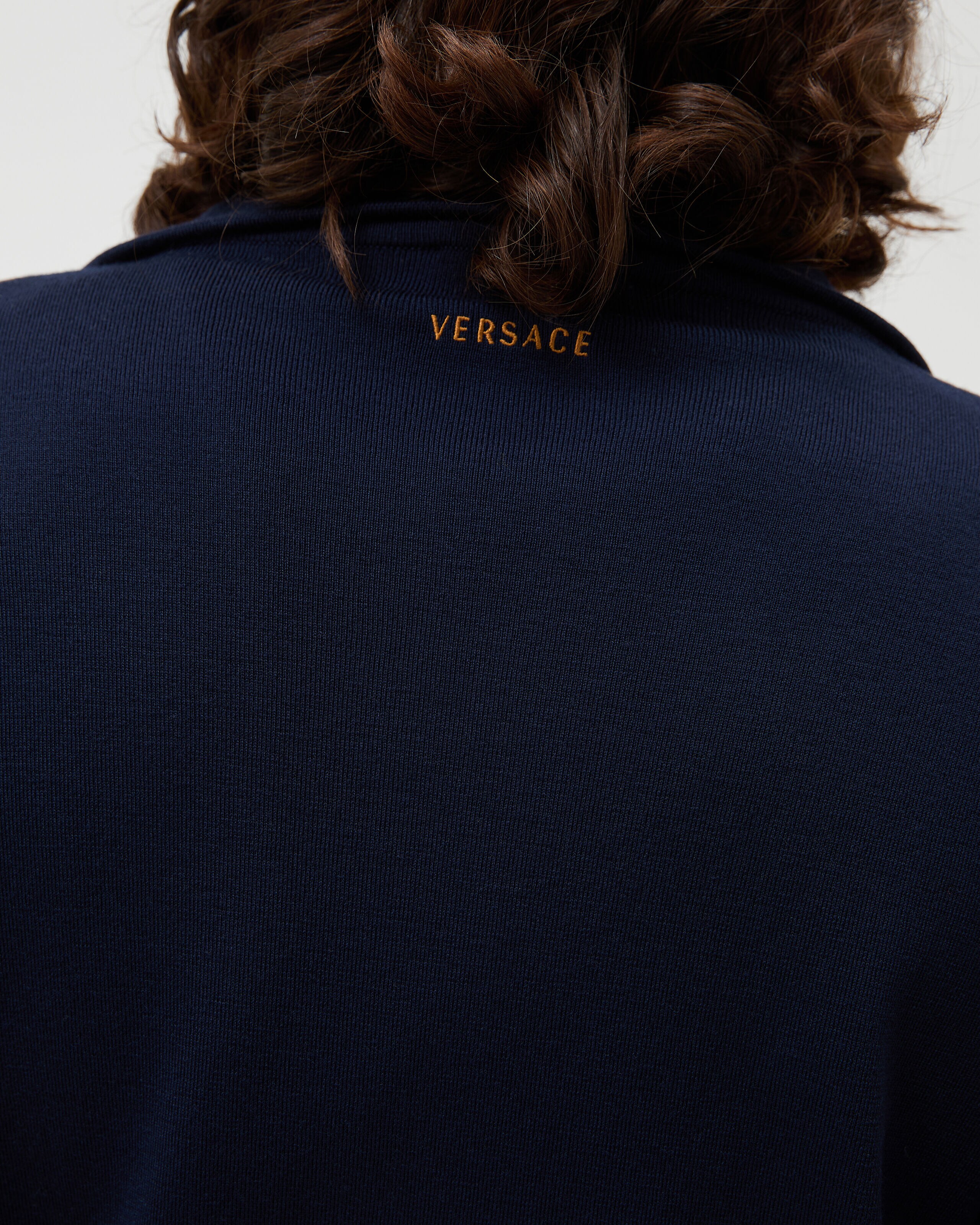 Intarsia-Wool & Leather Patchwork Zip Sweater Blue | VERSACE US
