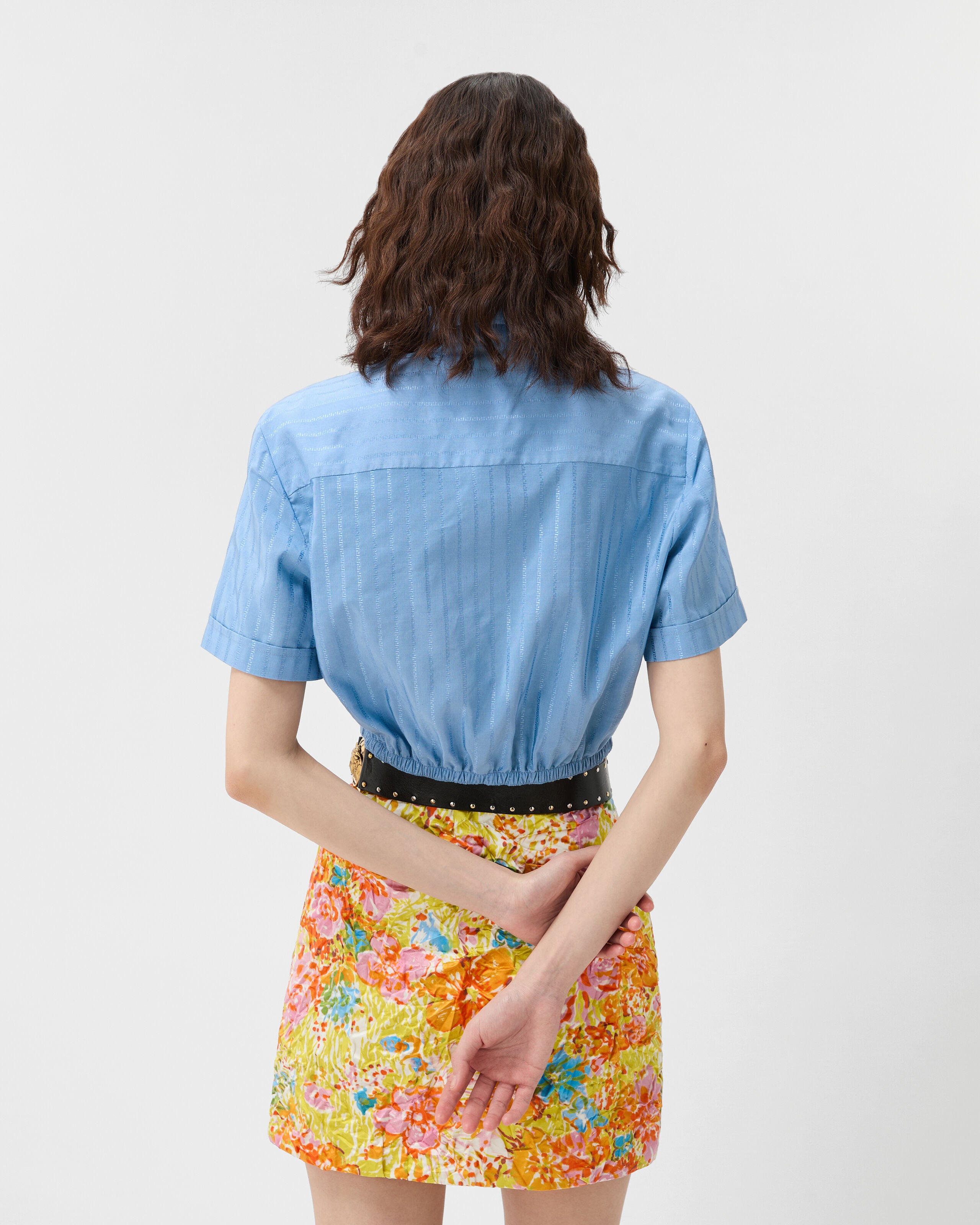 Jacquard Cotton-Silk Crop Shirt Blue | VERSACE ZA