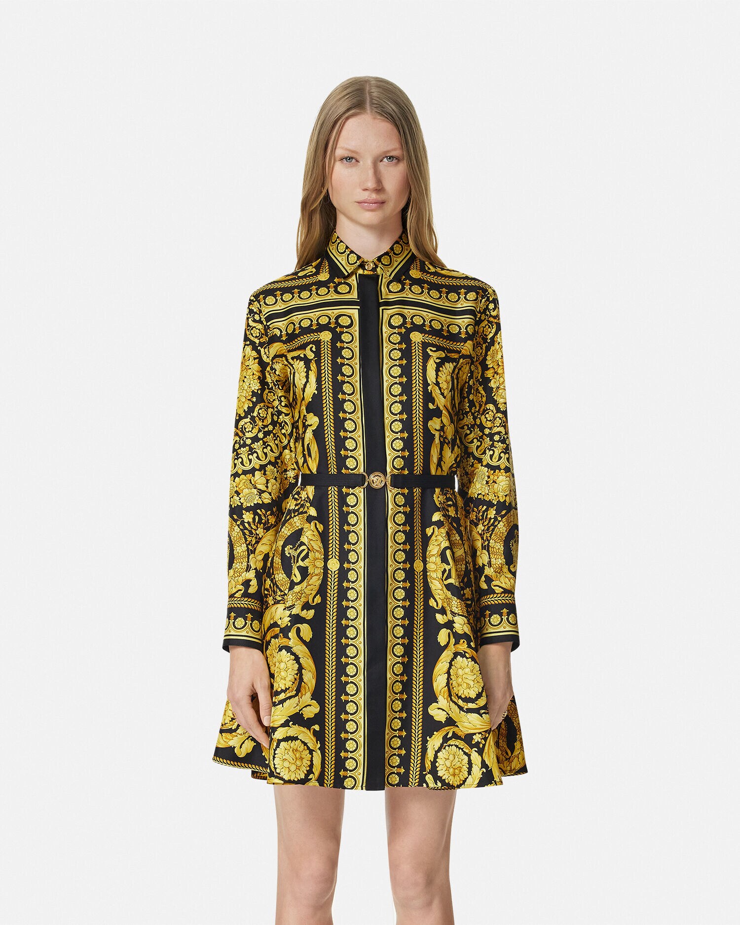 Printed Silk Twill Mini Shirt Dress Black,Print | VERSACE US