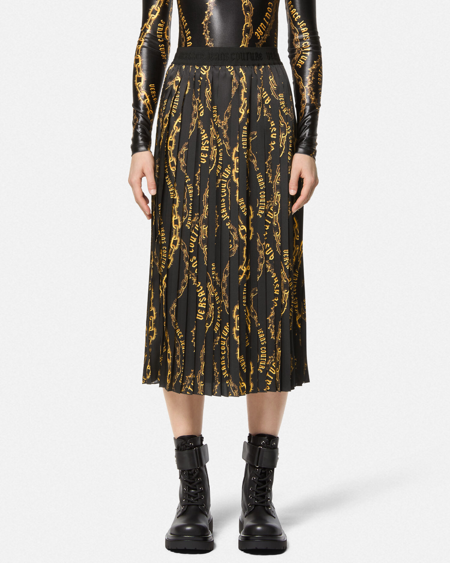 Chain Couture Pleated Midi Skirt