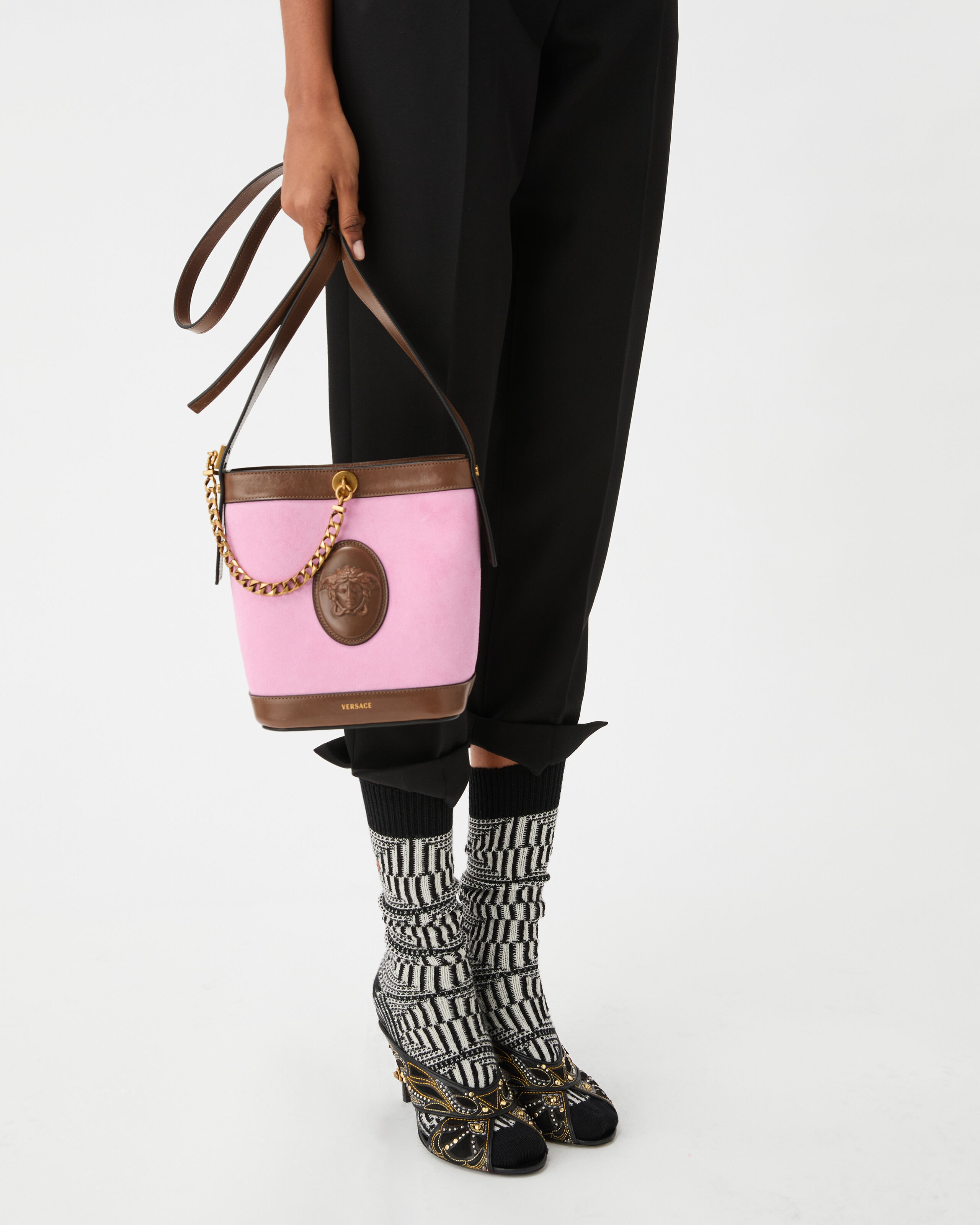 Pivot Mini Suede Bucket Bag Pink | VERSACE US