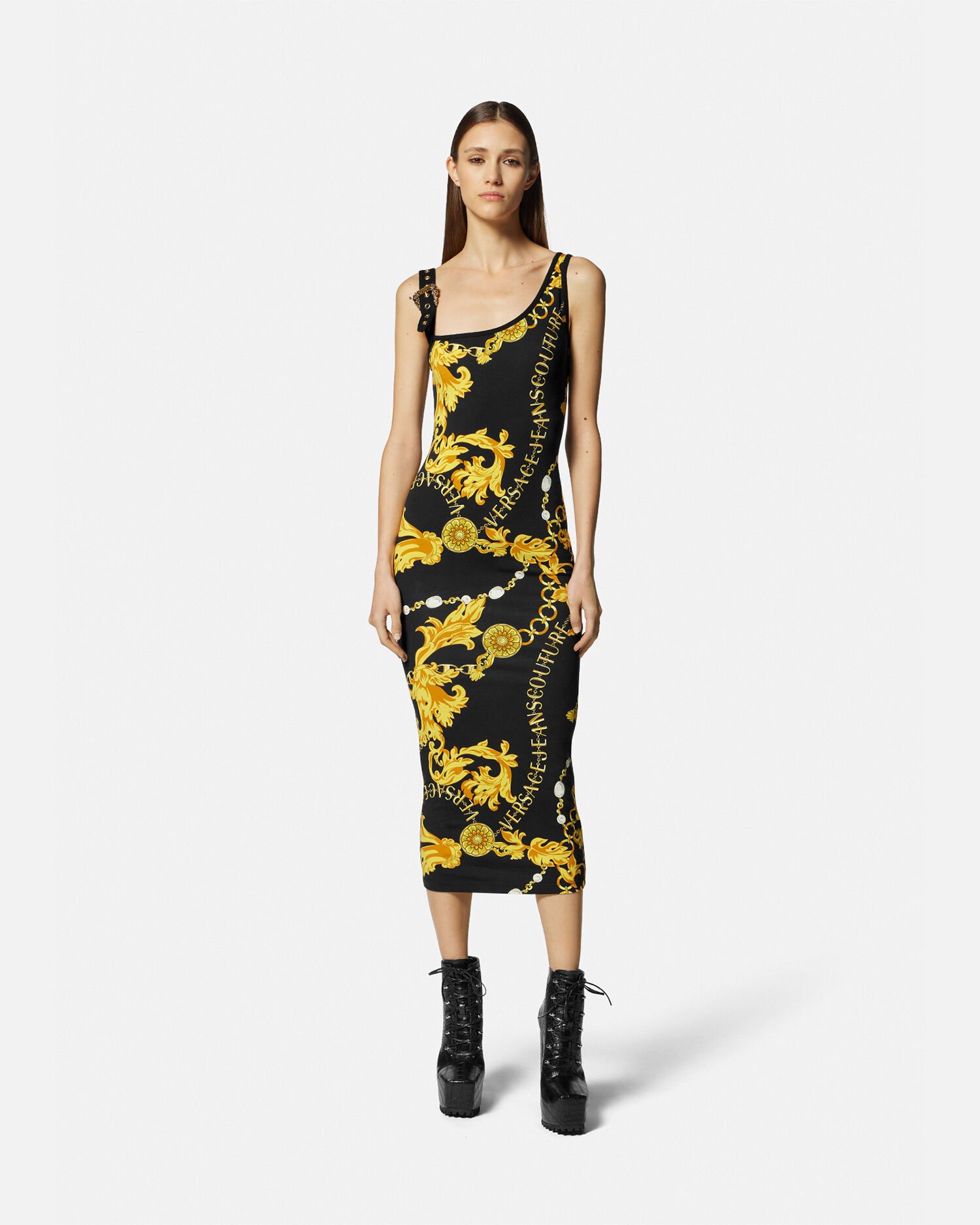 Abito midi Chain Couture Nero Oro VERSACE IT