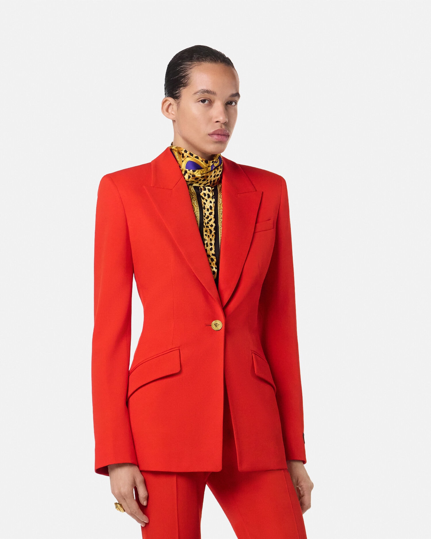 Wool Single-Breasted DV Blazer Red | VERSACE US