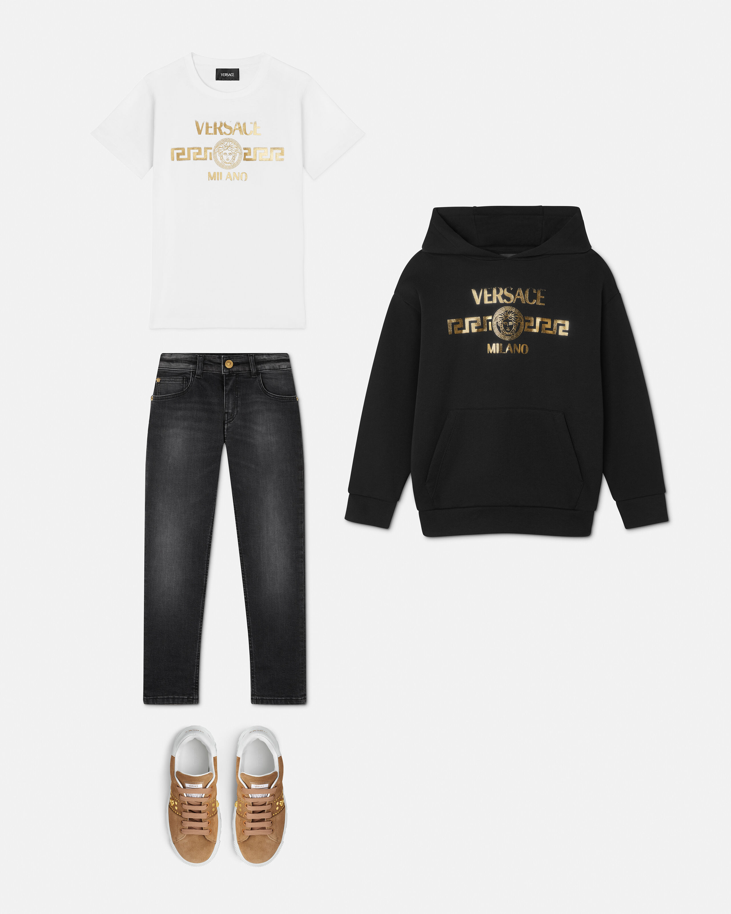 Kids Printed Cotton-Jersey Hoodie Black | VERSACE US