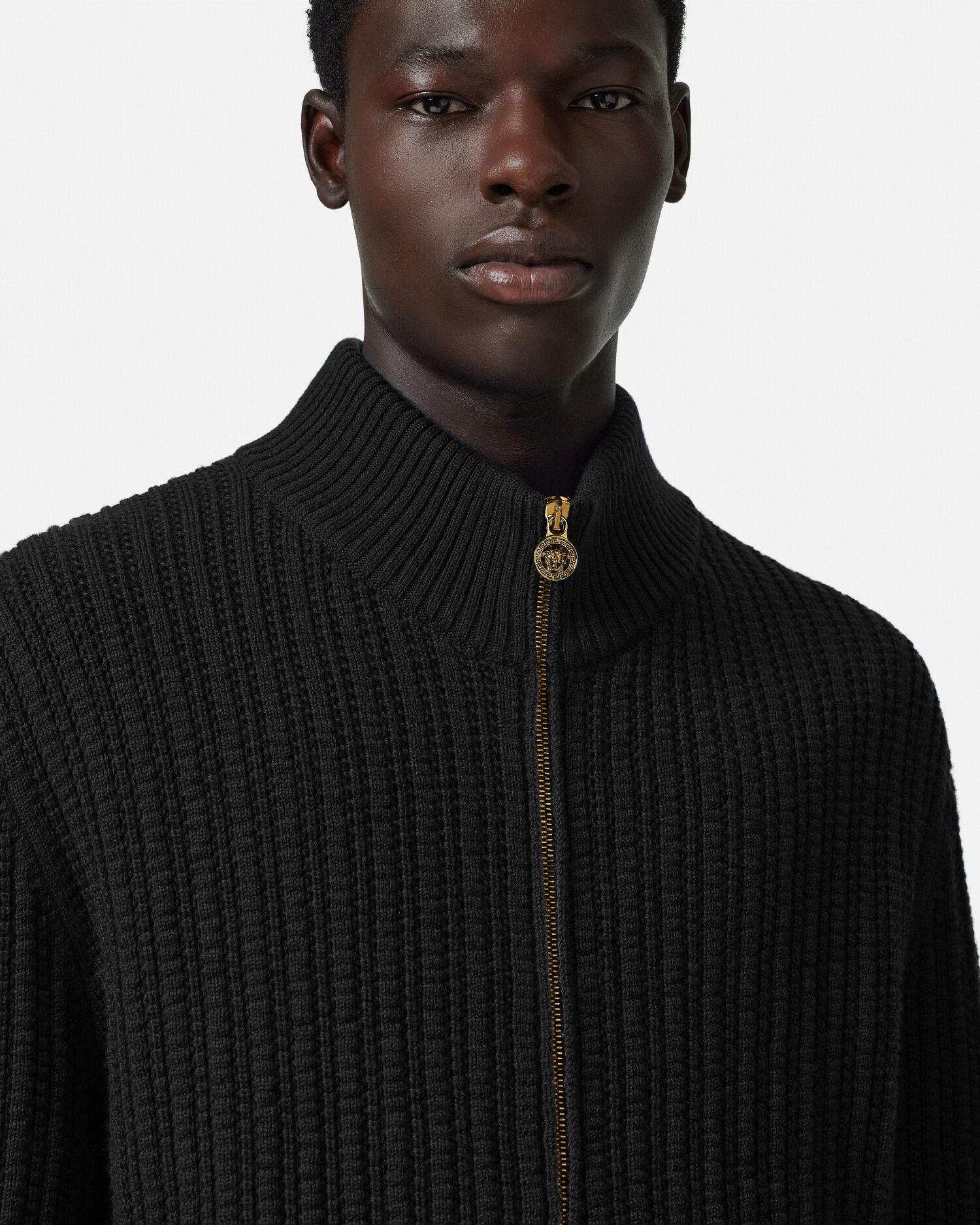 Embroidered Medusa Cable Knit Zip Sweater