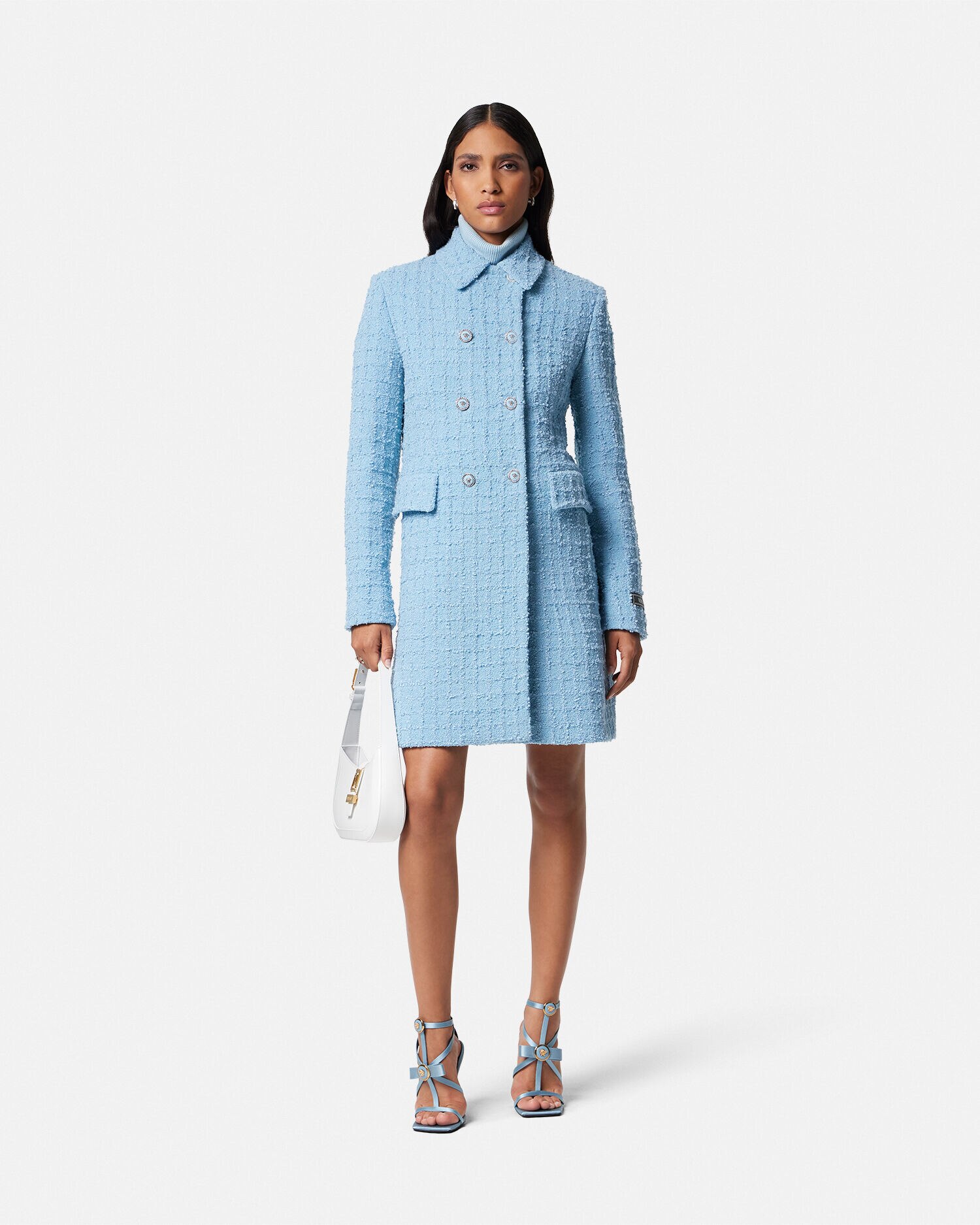 Versace Manteau long trap ze en tweed boucl VERSACE