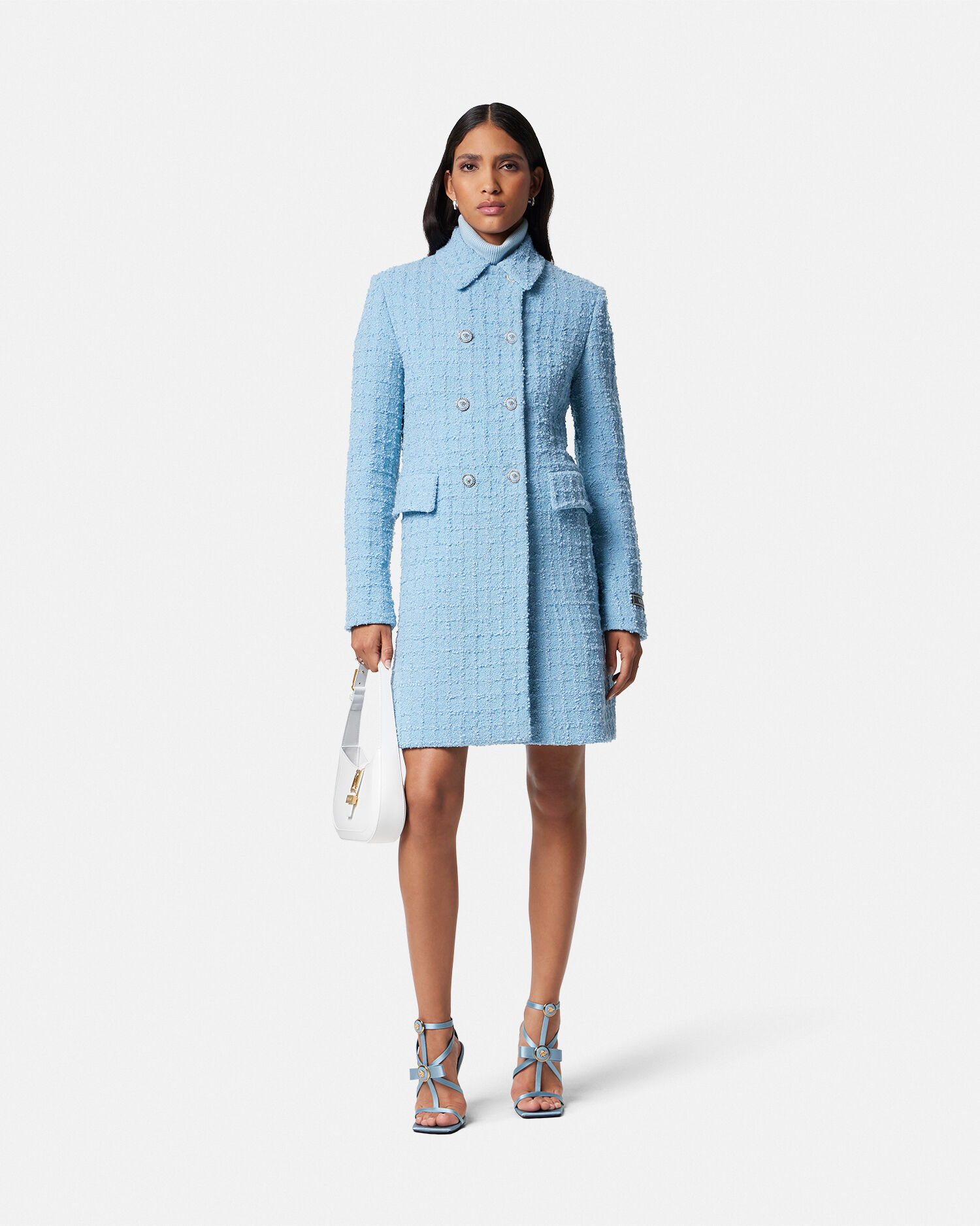 Manteau long trapeze en tweed Heritage Bleu VERSACE