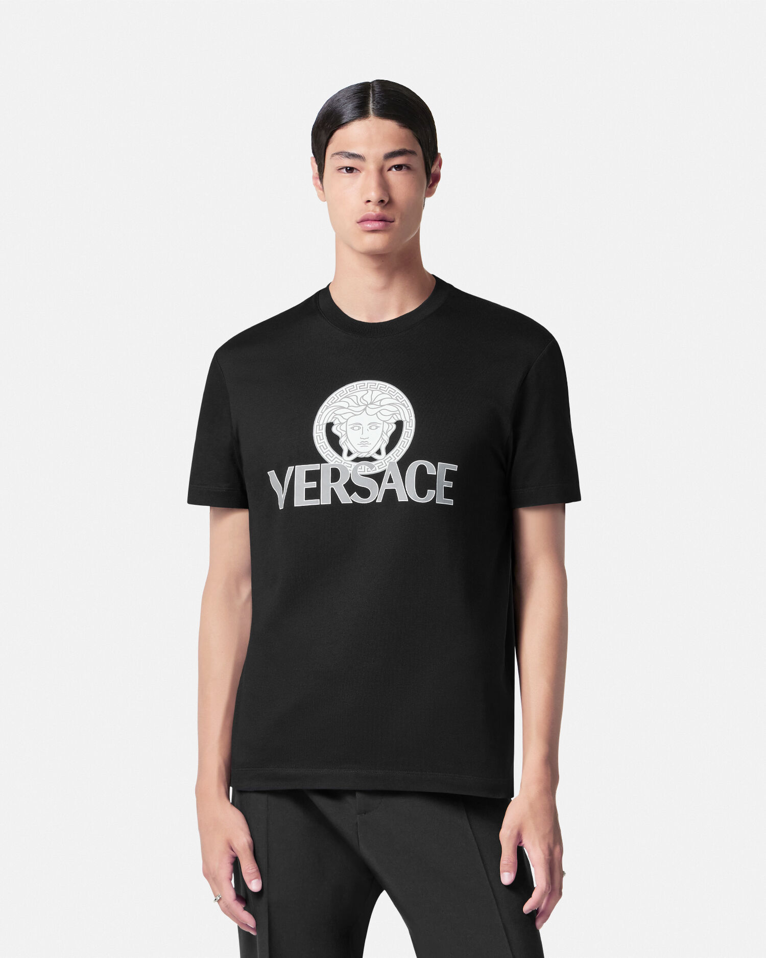 VERSACE ブラック TシャツS Printed Cotton-Jersey T-Shirt Black | VERSACE US