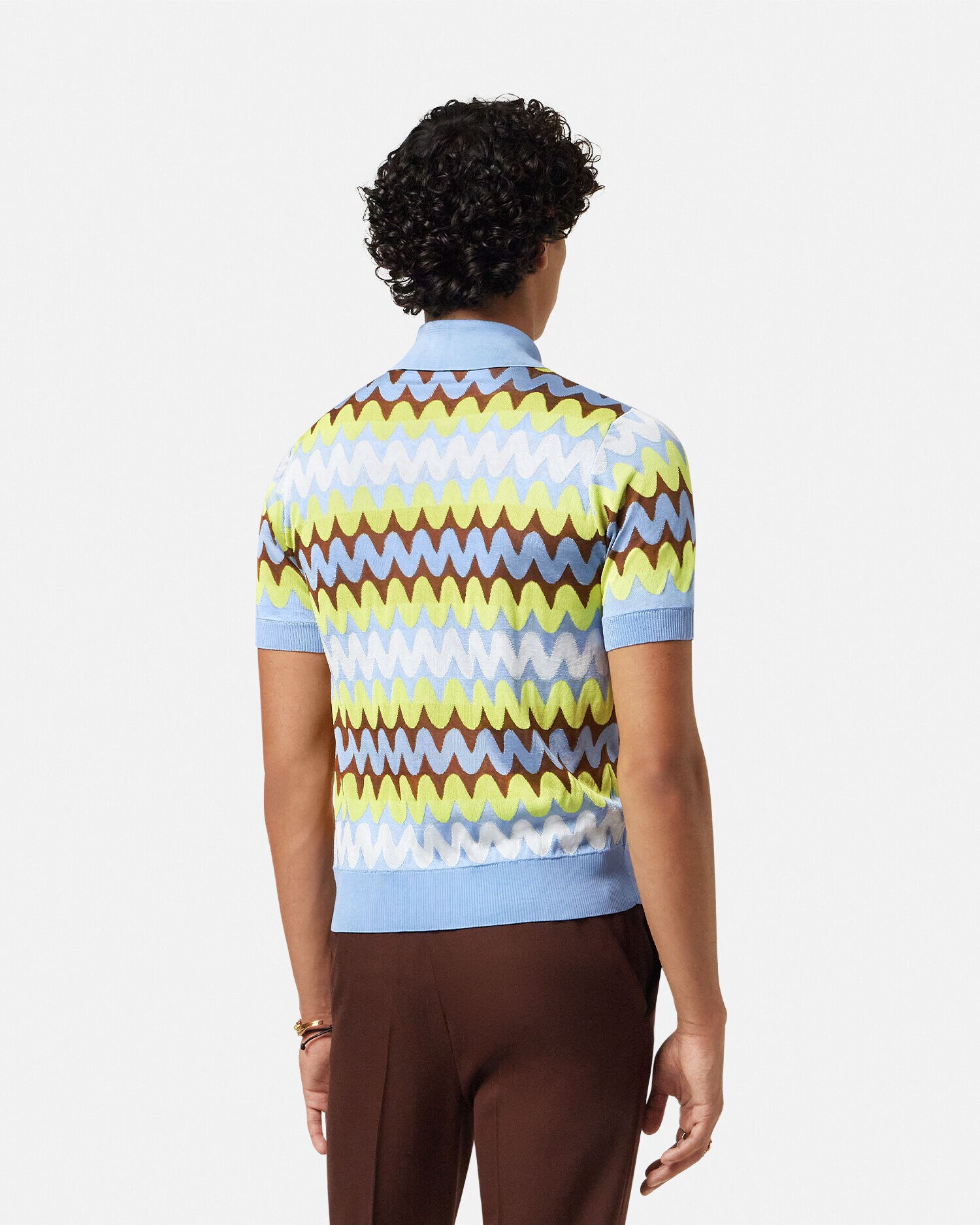 Wave Knit Polo Shirt Blue,Multicolor | VERSACE US