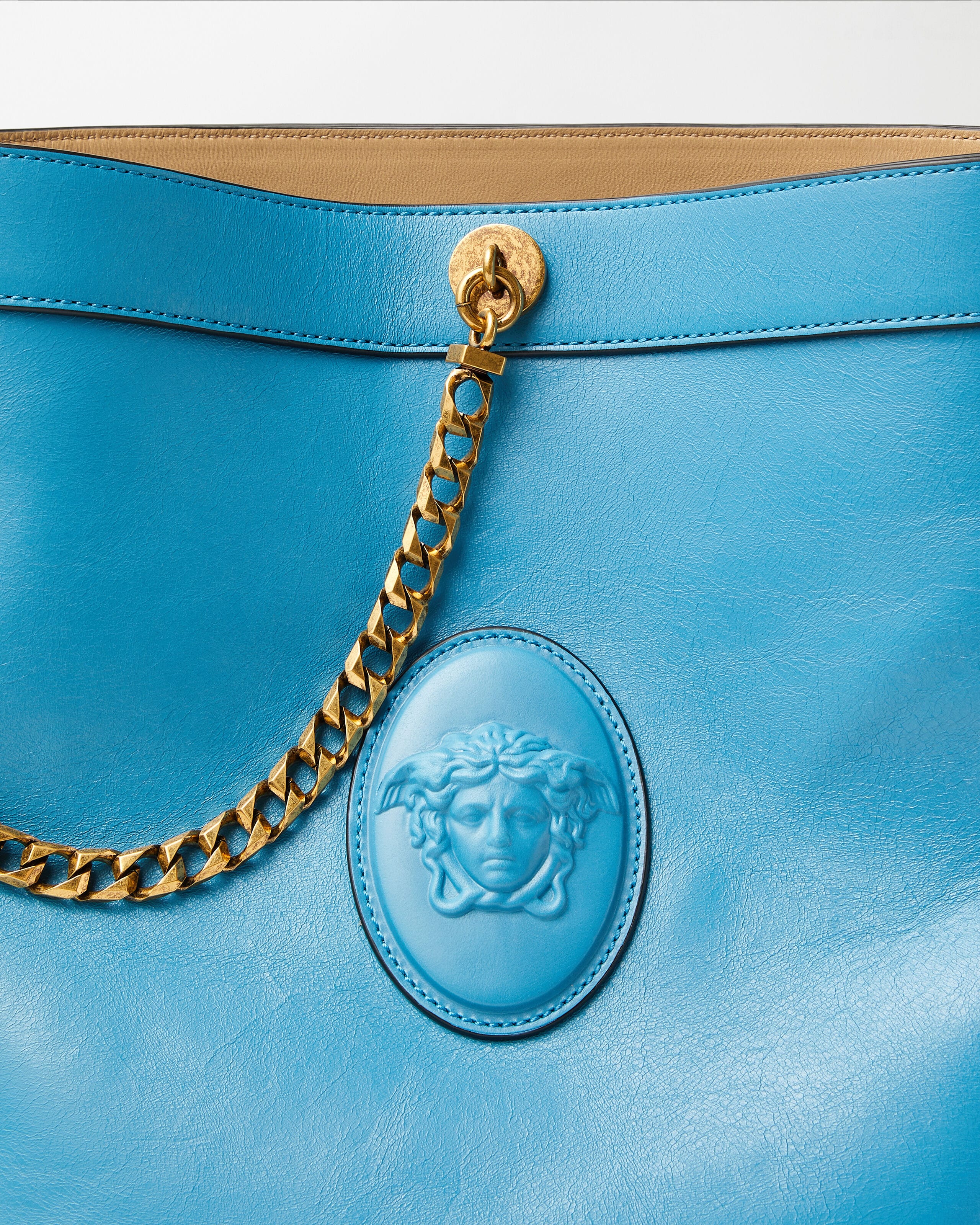 Pivot Small Leather Bucket Bag Blue | VERSACE US