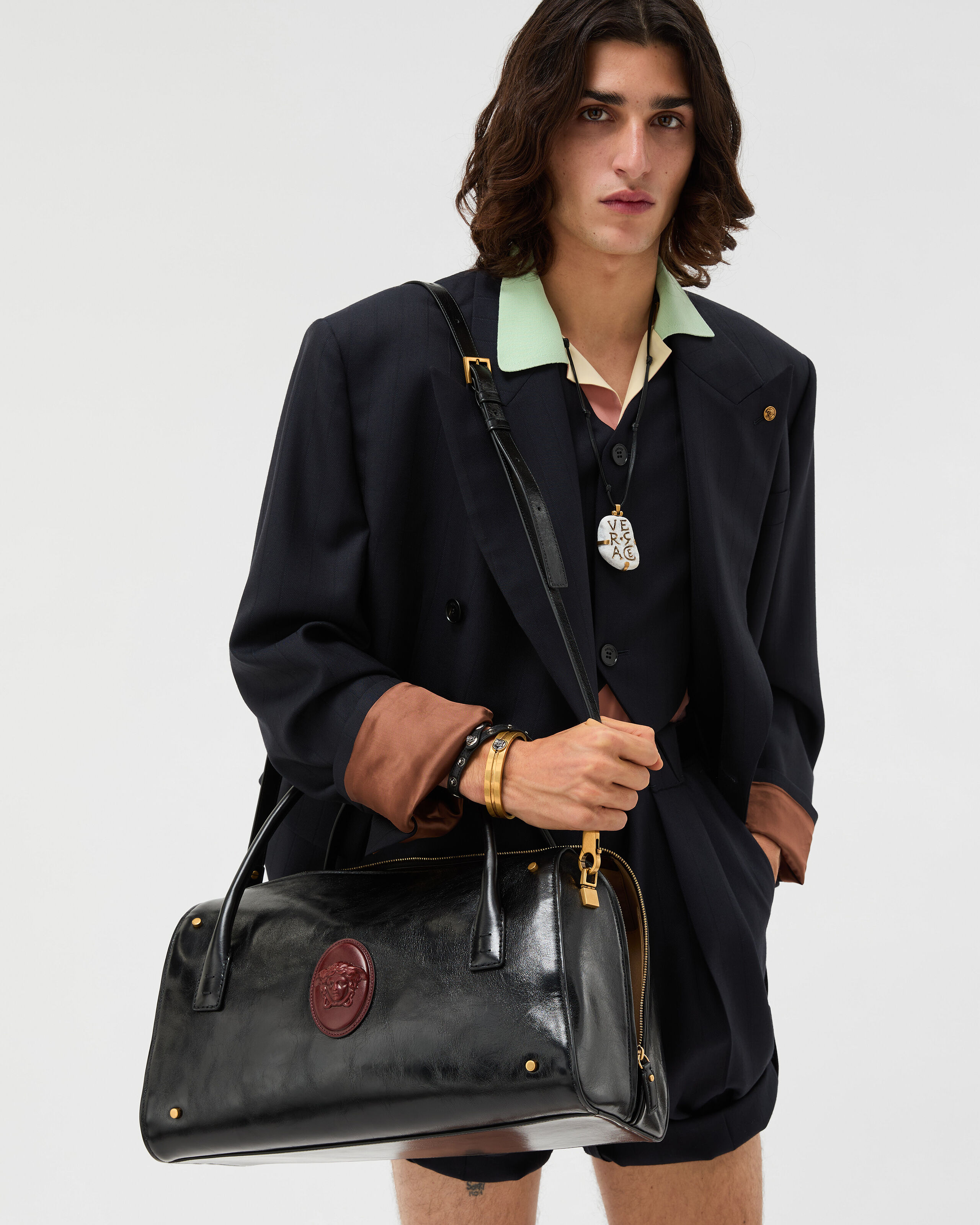Roomy Large Leather Duffel Bag Black,Brown | VERSACE US