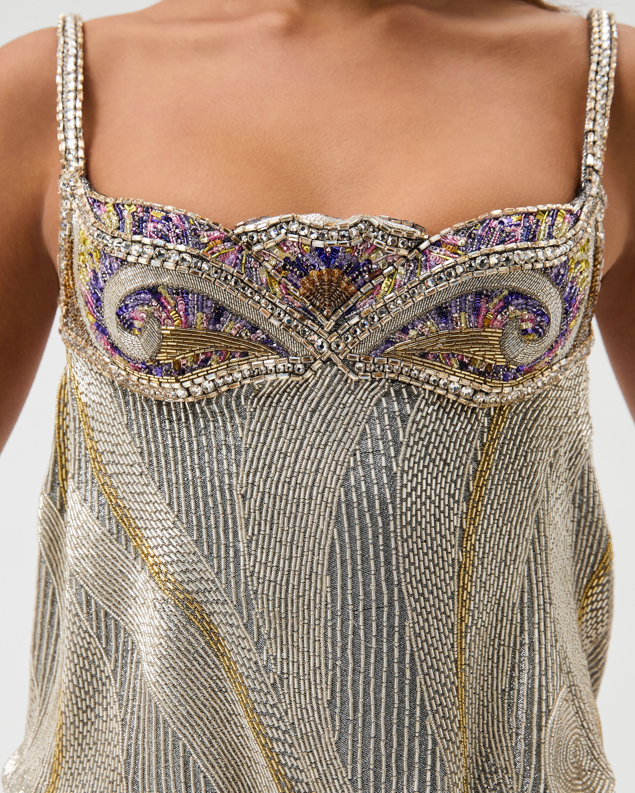 Embroidered Crêpe de Chine Midi Dress Gray | VERSACE US