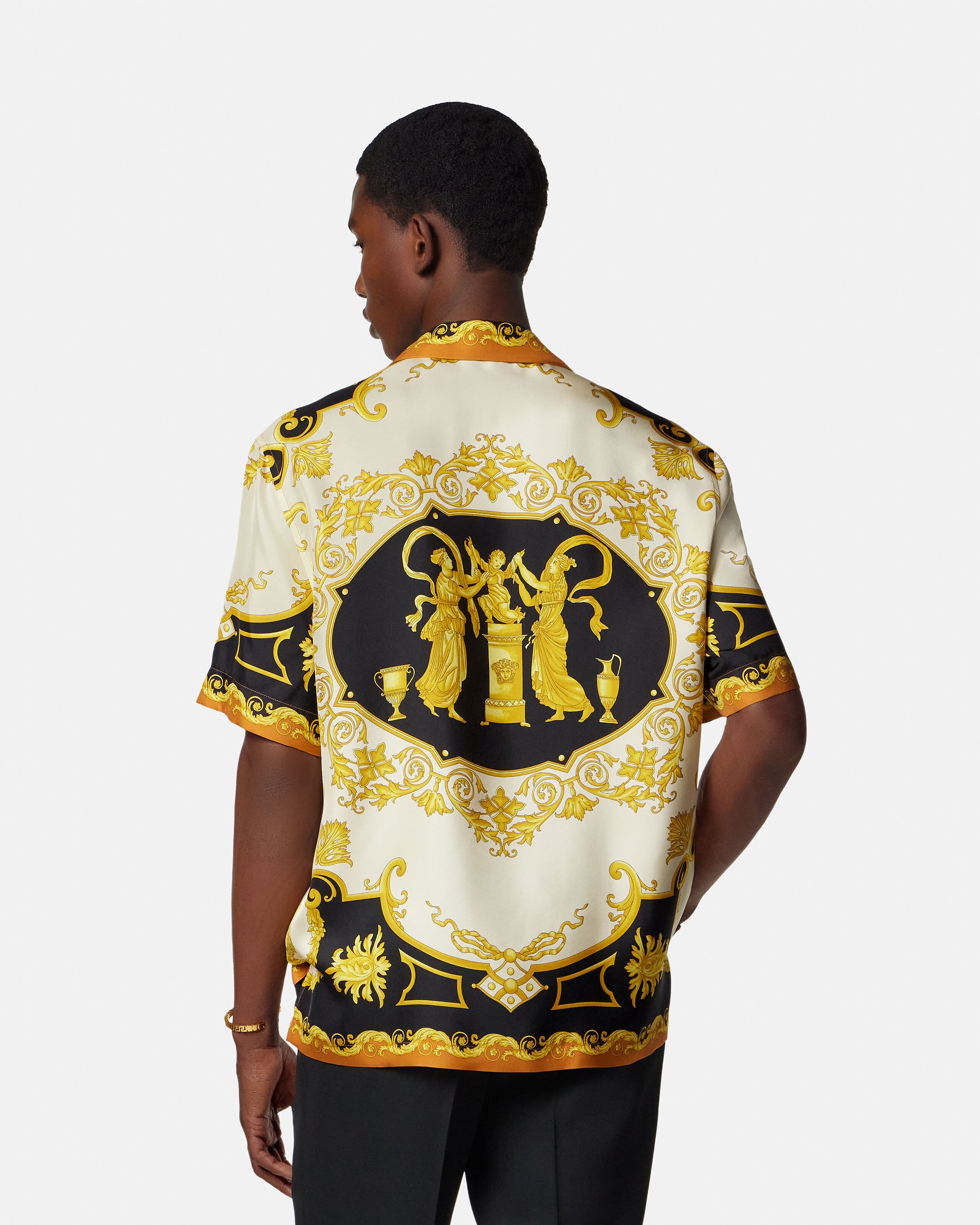 Printed Silk Twill Regular Shirt Black,Gold | VERSACE US