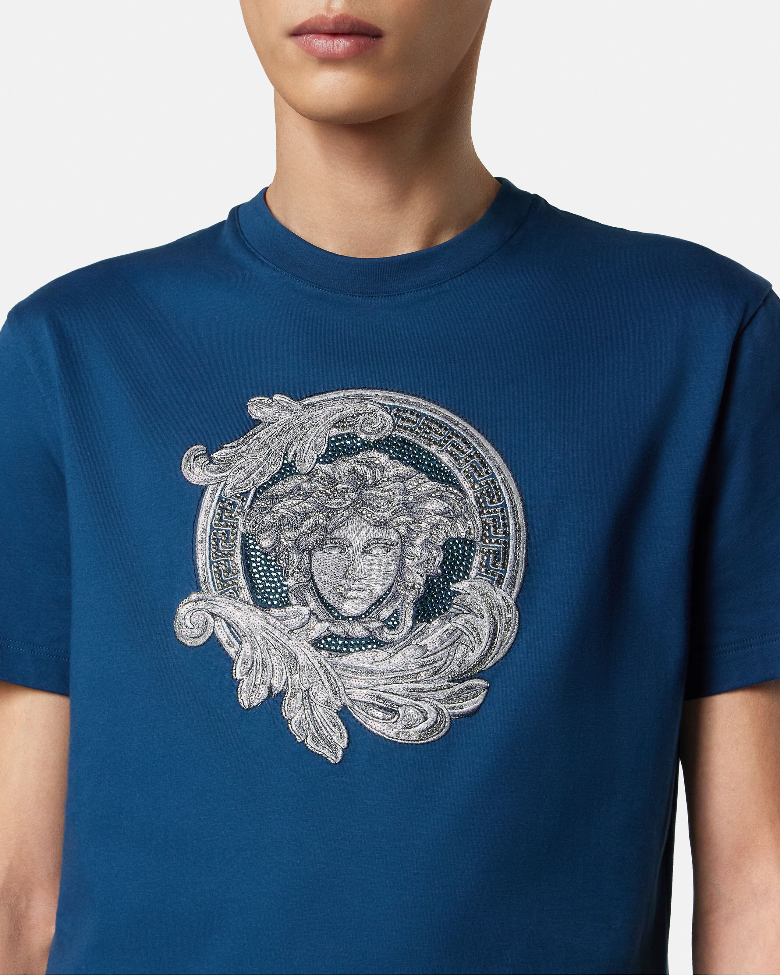 Embroidered Cotton-Jersey Slim T-Shirt Blue | VERSACE US