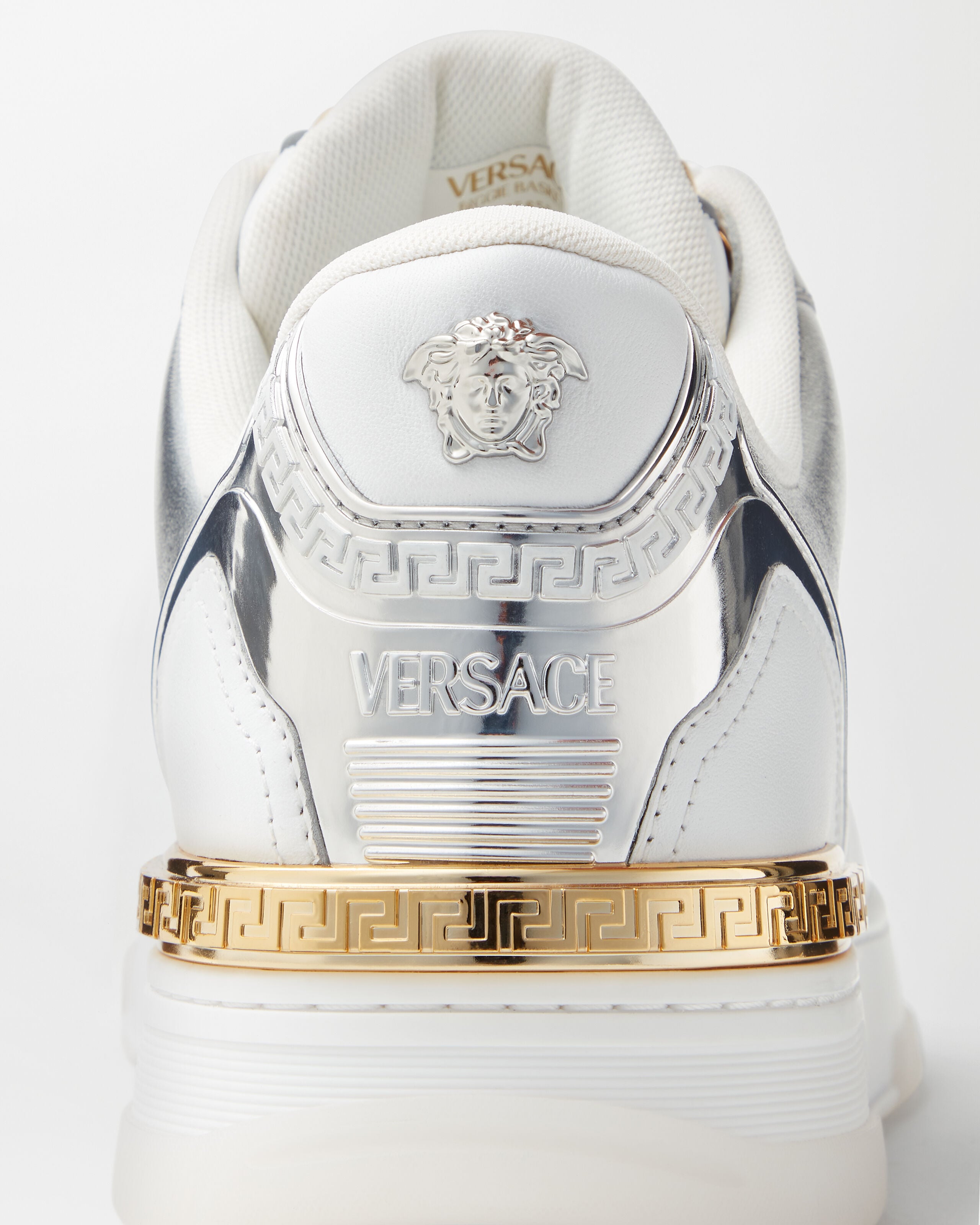 Biggie Basket Metallic Leather Sneakers Silver,Gold | VERSACE US