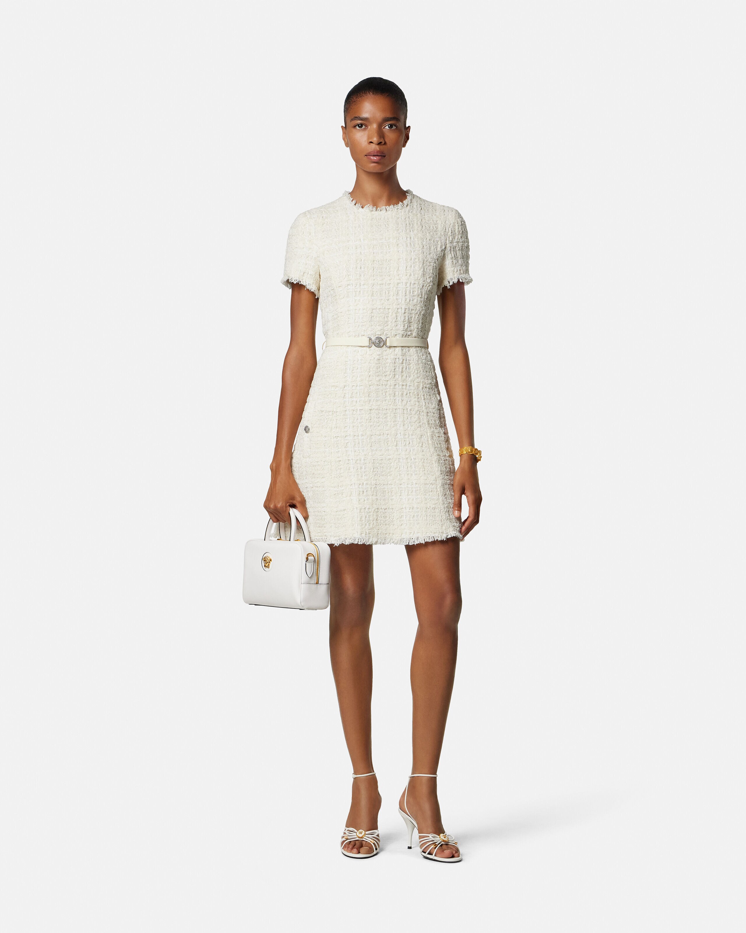 Tweed Cotton Mini Dress White | VERSACE CA