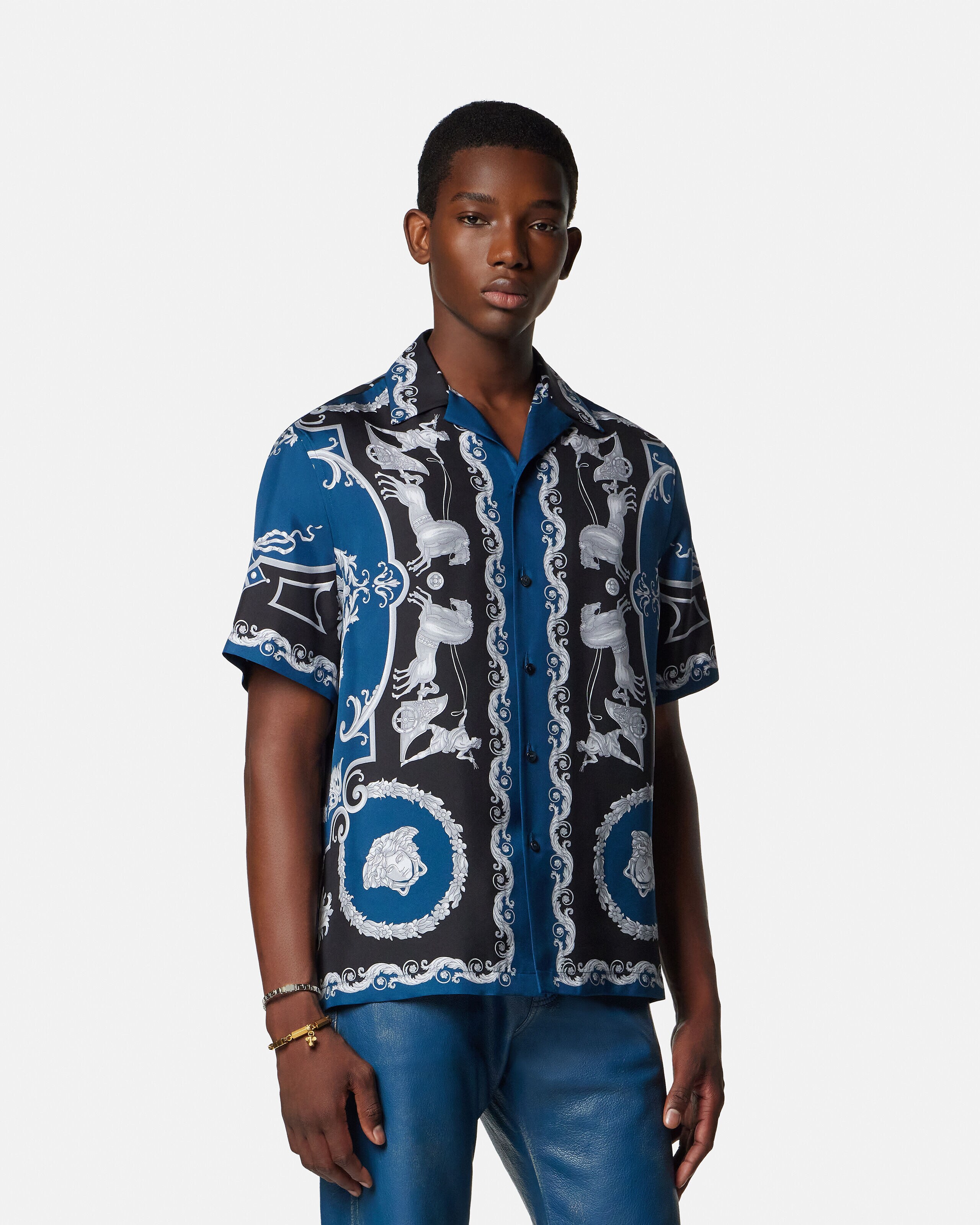 Printed Silk Twill Slim Shirt Black,Blue | VERSACE US