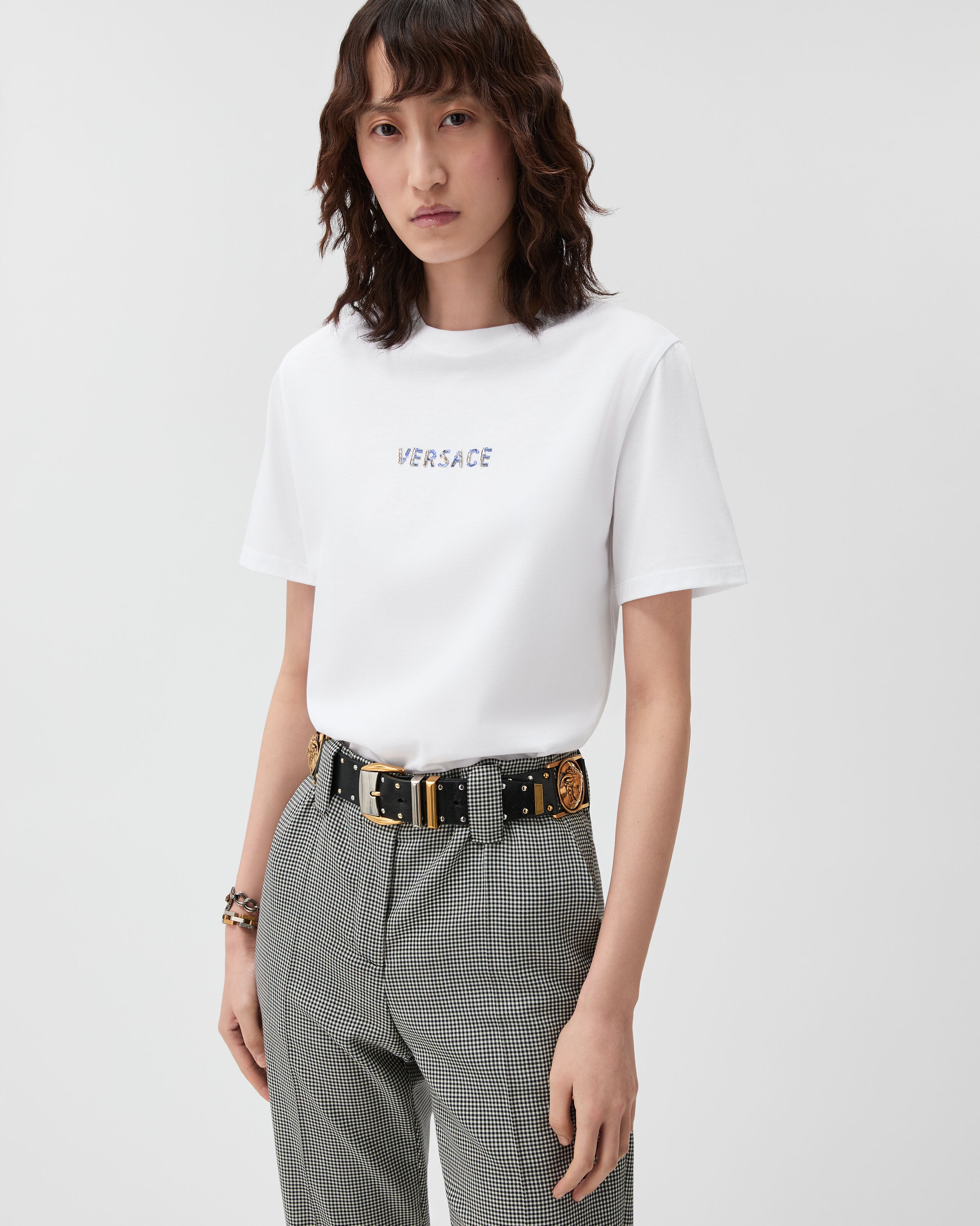Embroidered Cotton-Jersey T-Shirt White | VERSACE US