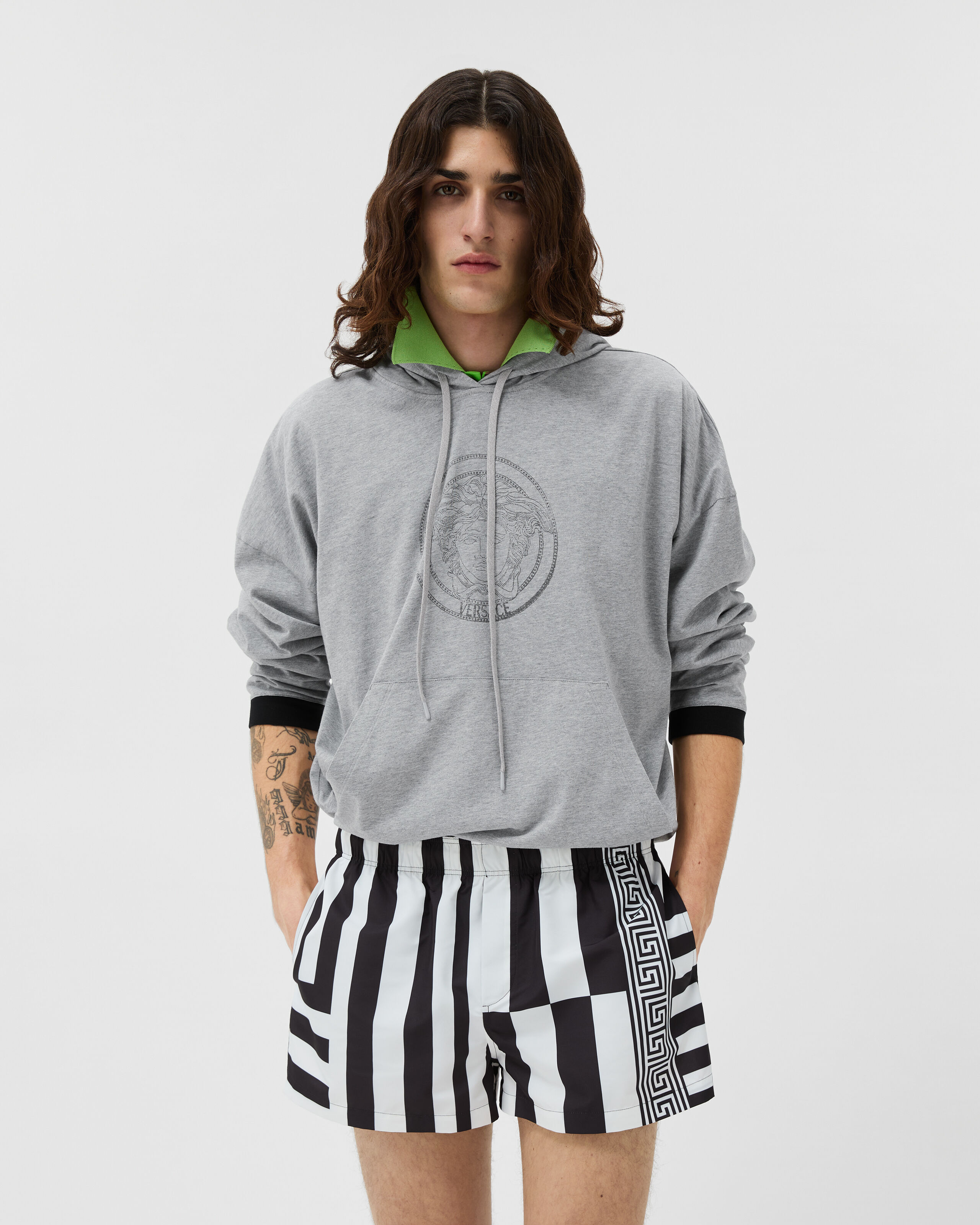 Printed Cotton-Jersey Hoodie Gray | VERSACE