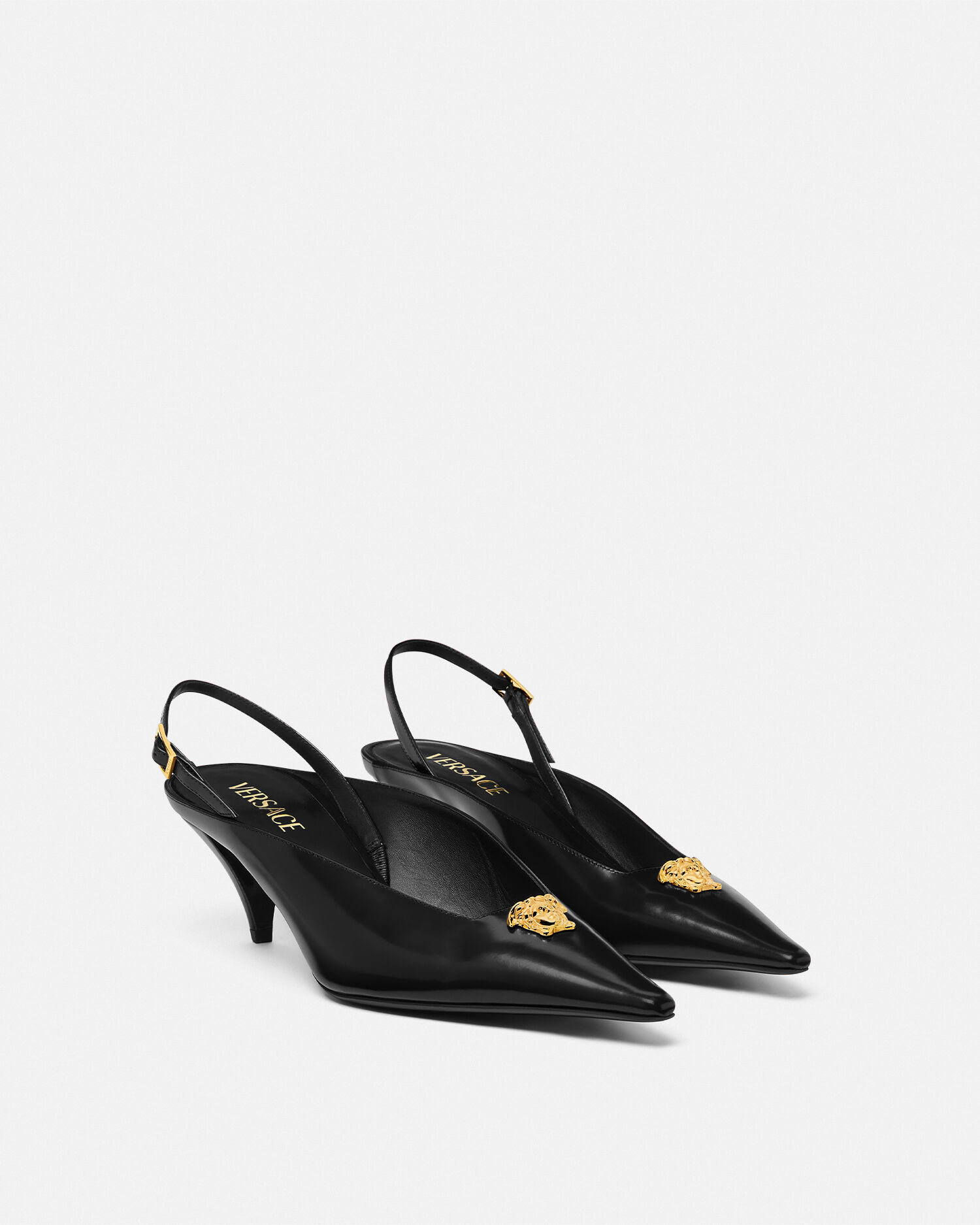 La Medusa Leather Slingbacks 55 mm Black,Gold | VERSACE US