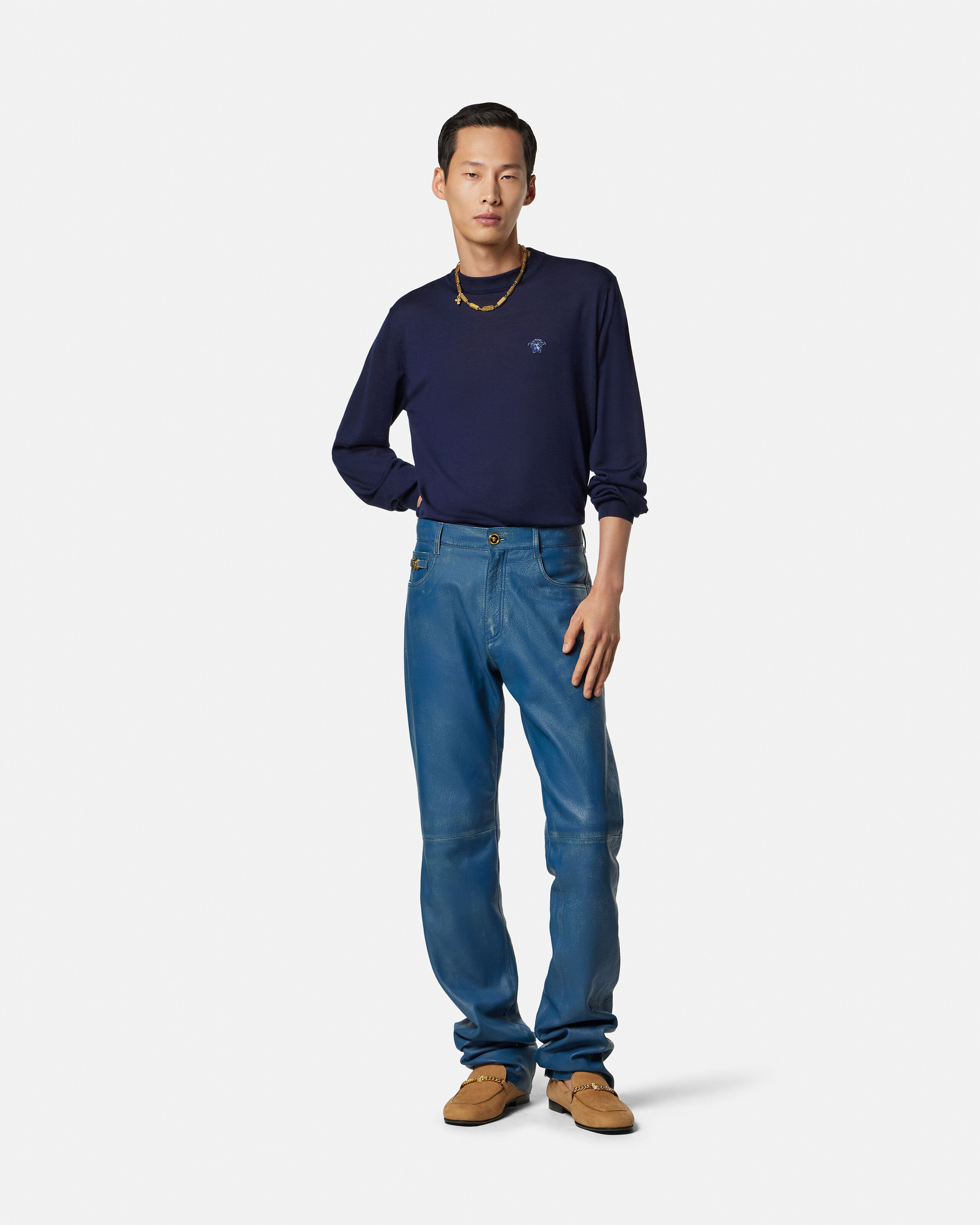 Wool-Blend Knit Sweater Blue | VERSACE US