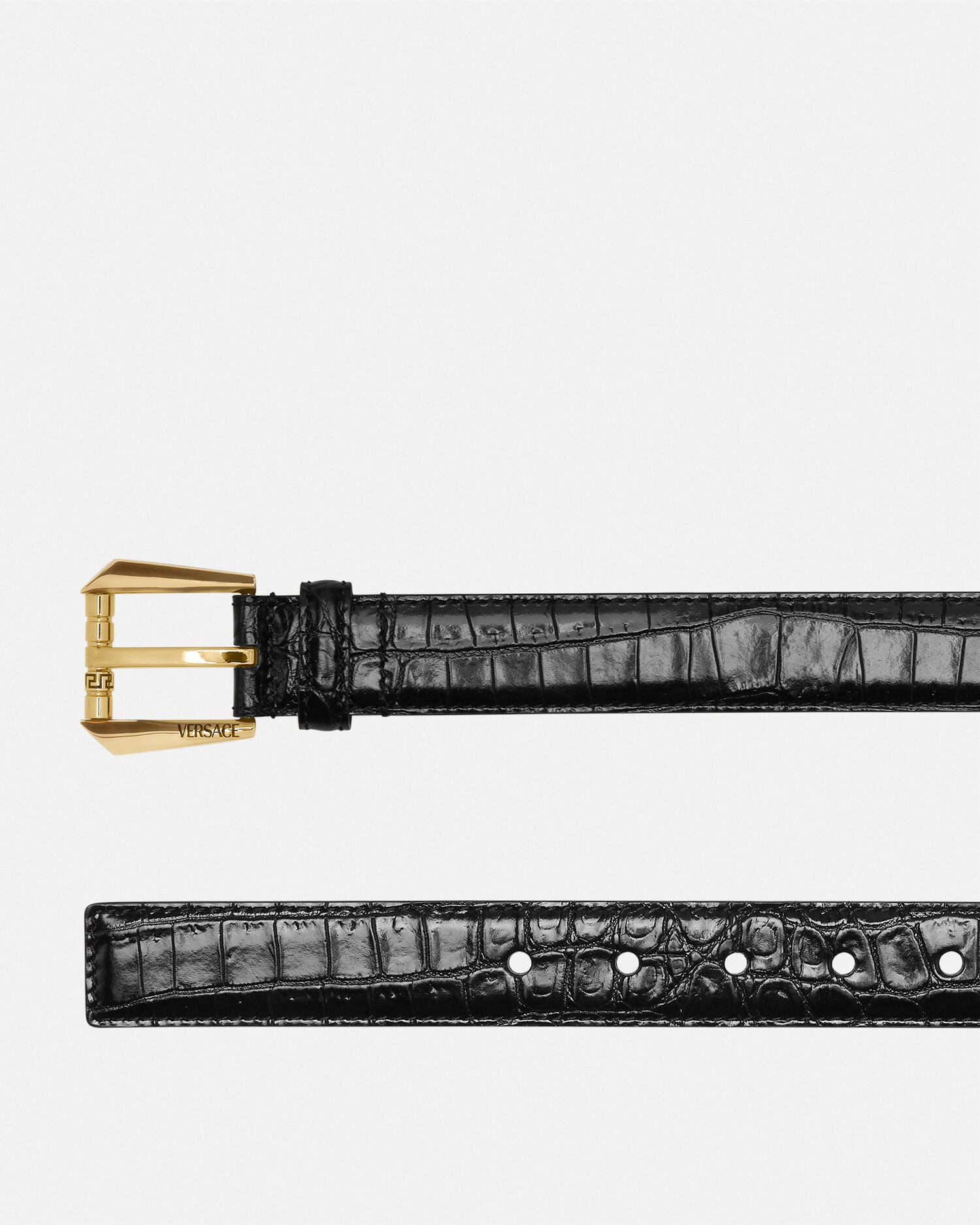 Croc Effect Leather Belt 3 cm Black Gold VERSACE