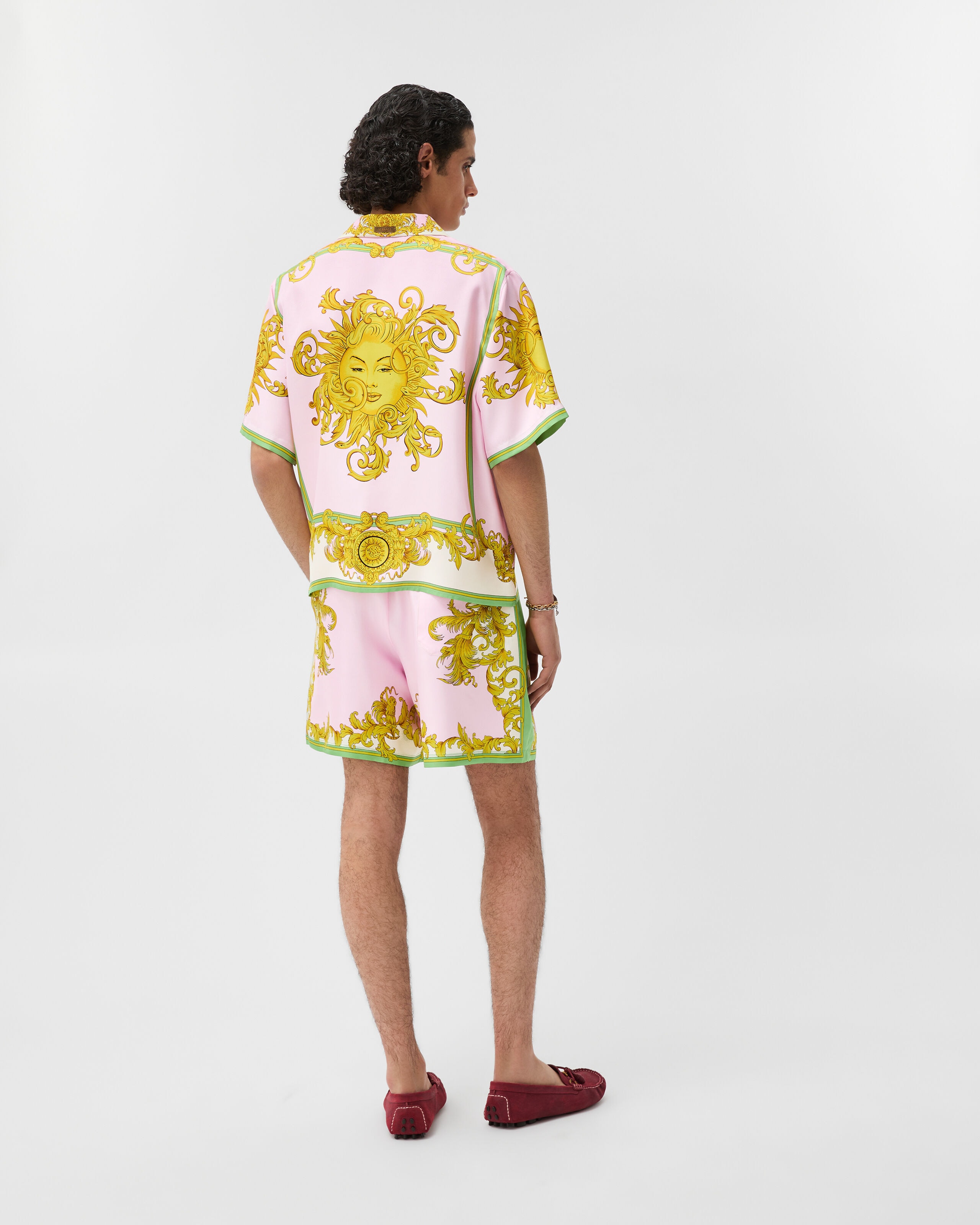 Printed Silk Twill Shorts Yellow,Pink | VERSACE IN