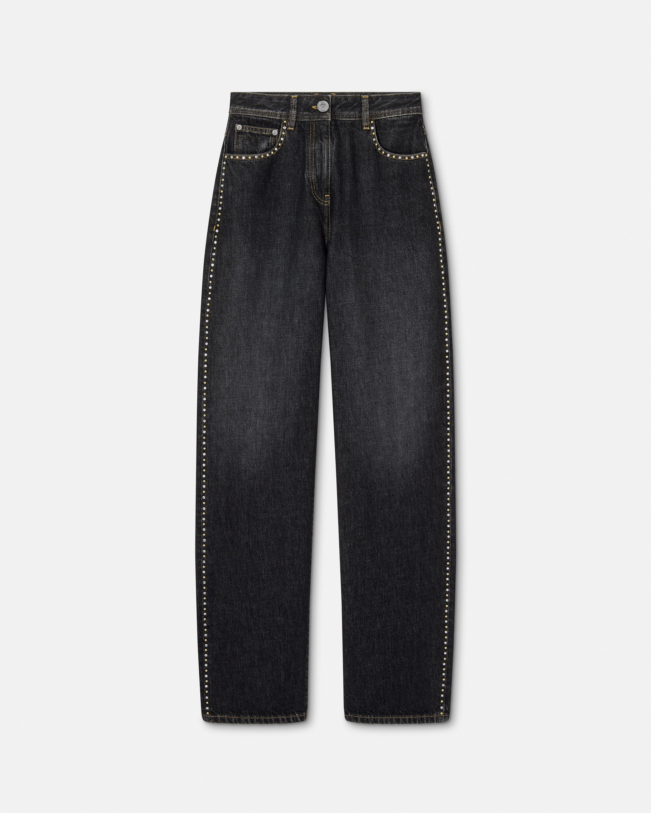 Embellished High-Waist Regular Jeans Black | VERSACE US