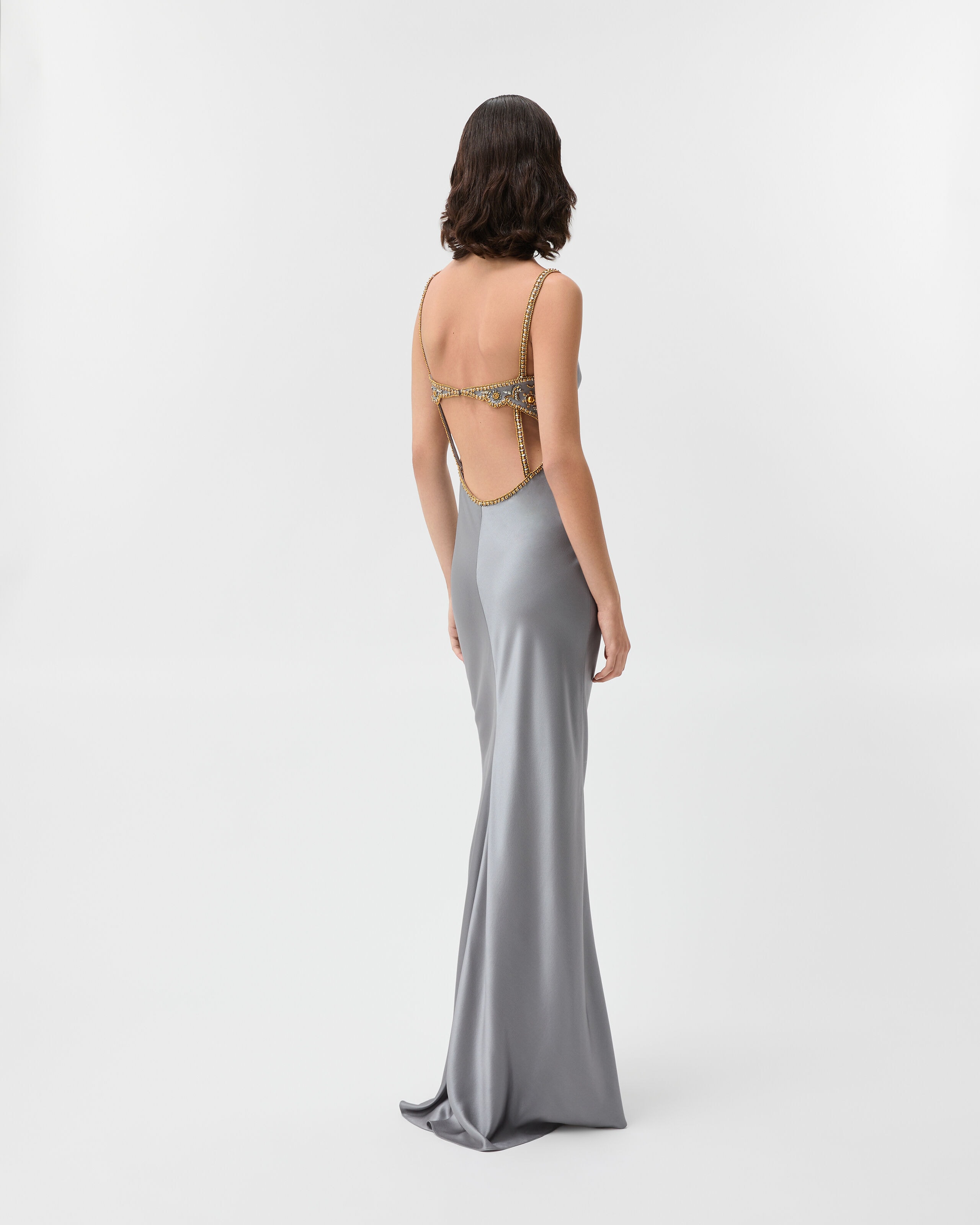 Embroidered Silk Cady Satin Gown Gray | VERSACE